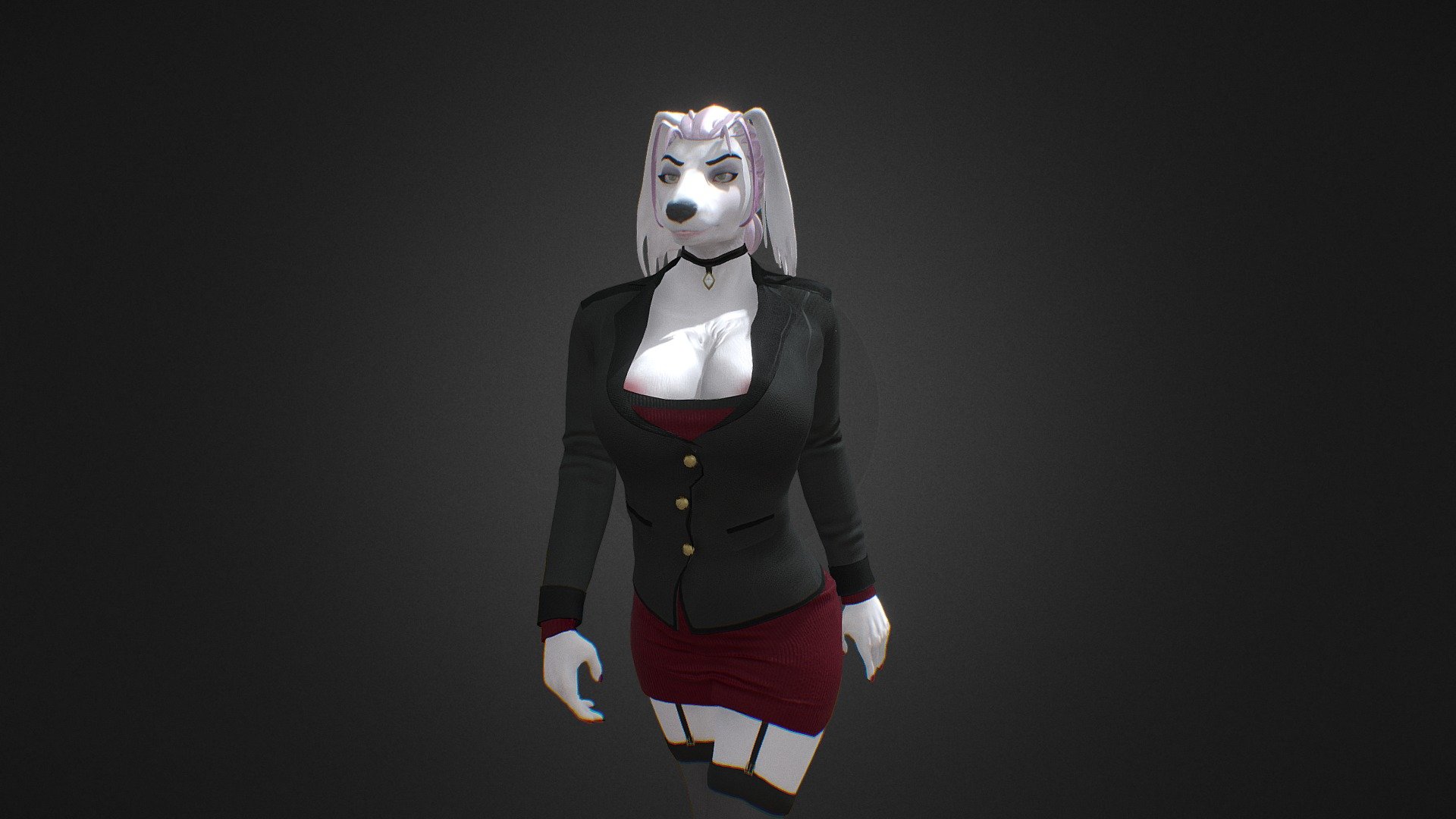 This is a 3D middle poly stylized character for PC NSFW game “Clarity” that is currently in development. Character is designed and created by me for this game. Model also includes naked body with “additionals” for story and gameplay purposes. Current model features only “Walk cycle” due to my software limitations. 
My pipeline for creation: 
1. Photoshop, 2d concept art + final references; 
2. Zbrush, high poly model with details;
3. Maya, retopology, UV maps; 
4. Substance Painter + Photoshop, PBR textures; 
5. Maya, rigging and animation. Final result is being used within Unity engine 3d model