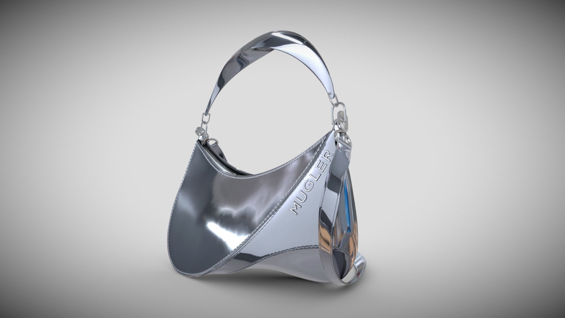 Elevate your style with the exquisite Mugler Handbag—a pinnacle of high fashion. Crafted from luxurious leather and partially recycled aluminum, it boasts a silver metal logo and hardware. The zip closure secures your essentials, while the microsuede lining, made from recycled materials, houses an interior pocket for added convenience 3d model