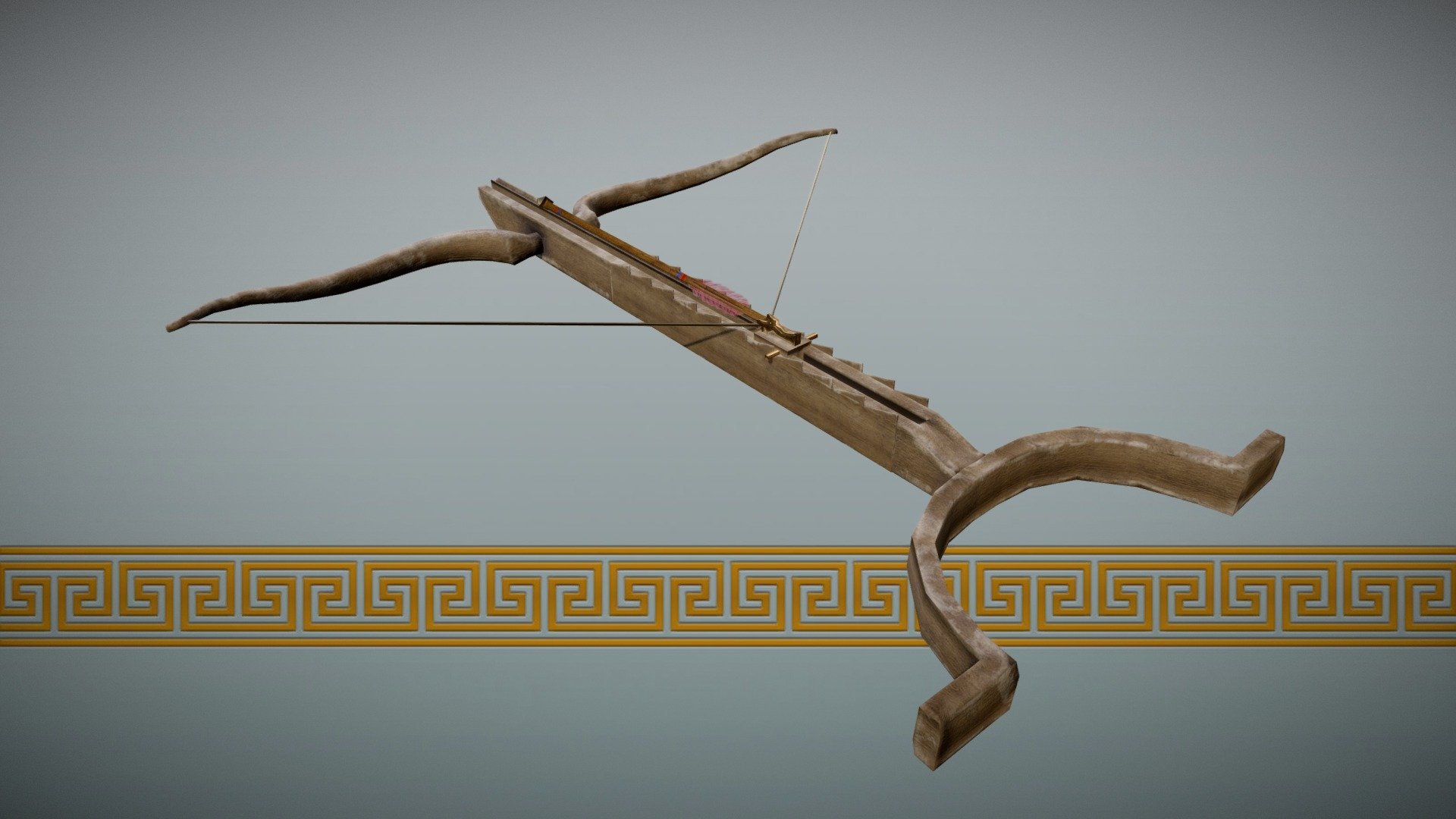 This is an ancient version of a crossbow, used by the ancient Greeks. The curved end would rest on the soldier's body 3d model