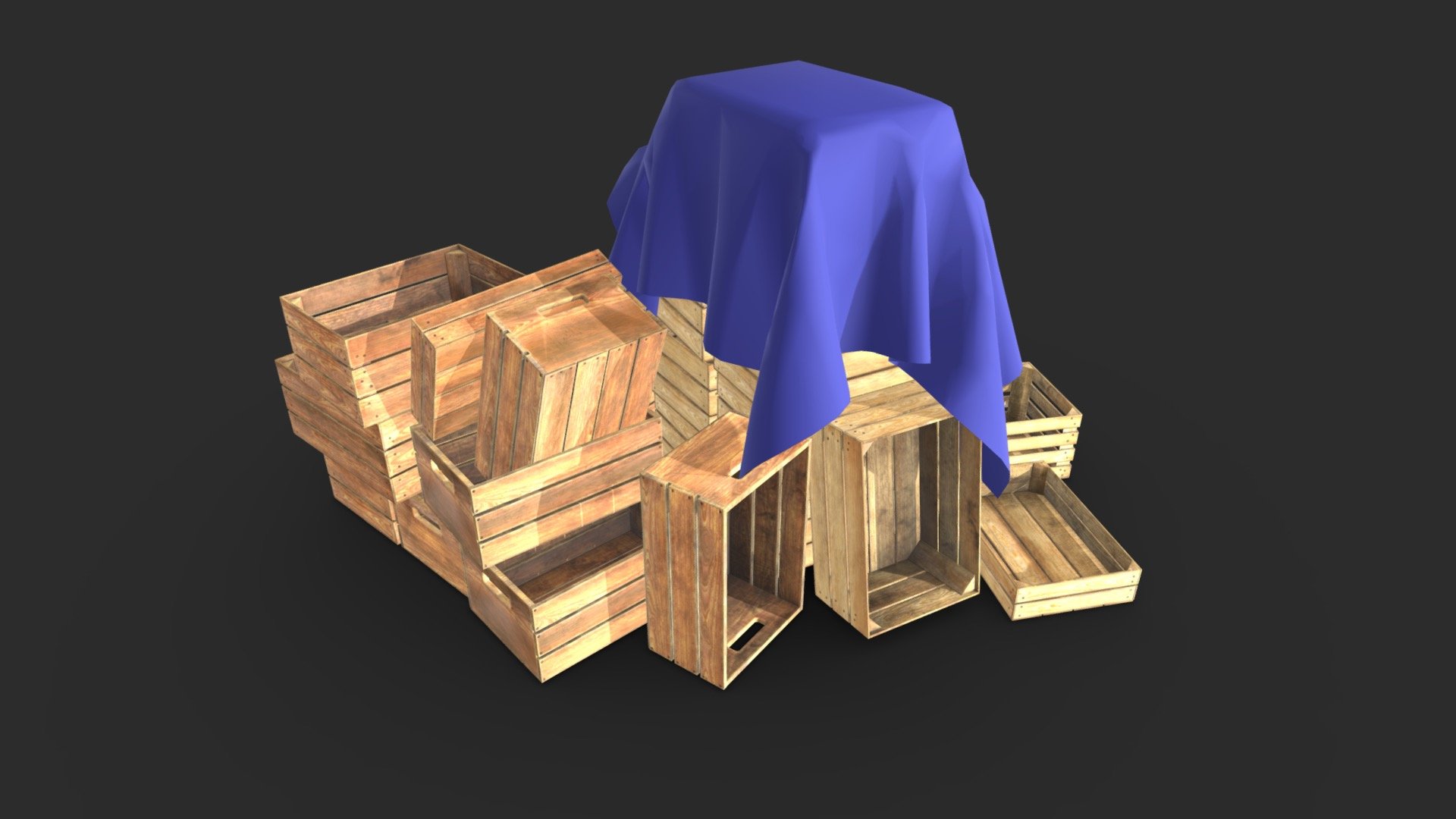 This wooden crates set includes 5 individual individual objects and 7 prefabs in 3 LODs. Also, the material is unique for all crates but includes 2 Base Color variants to get 2 color variations of the planks.

The asset is available in realistic style and can be used in any game (post-apo, first person shooter, GTA like, construction… ). All objects share a unique material for the best optimization for games.

Those AAA game assets of wooden crates will embellish you scene and add more details which can help the gameplay and the game-design or level-design.

Low-poly model &amp; Blender native 3.1

SPECIFICATIONS




Objects : 14

Polygons : 10176

Render Engine : Eevee

GAME SPECS




LODs : Yes (inside FBX for Unity &amp; Unreal)

Numbers of LODs : 3

Collider : No

TEXTURES




Materials in scene : 2 (1 for crates + 1 for tarps)

Textures sizes : 4K

Textures types : Base Color, Metallic, Roughness, Normal (DirectX &amp; OpenGL), Heigh &amp; AO (also Unity &amp; Unreal ARM workflow maps)

Textures format : PNG
 - Wooden Crates Set - Buy Royalty Free 3D model by KangaroOz 3D (@KangaroOz-3D) 3d model