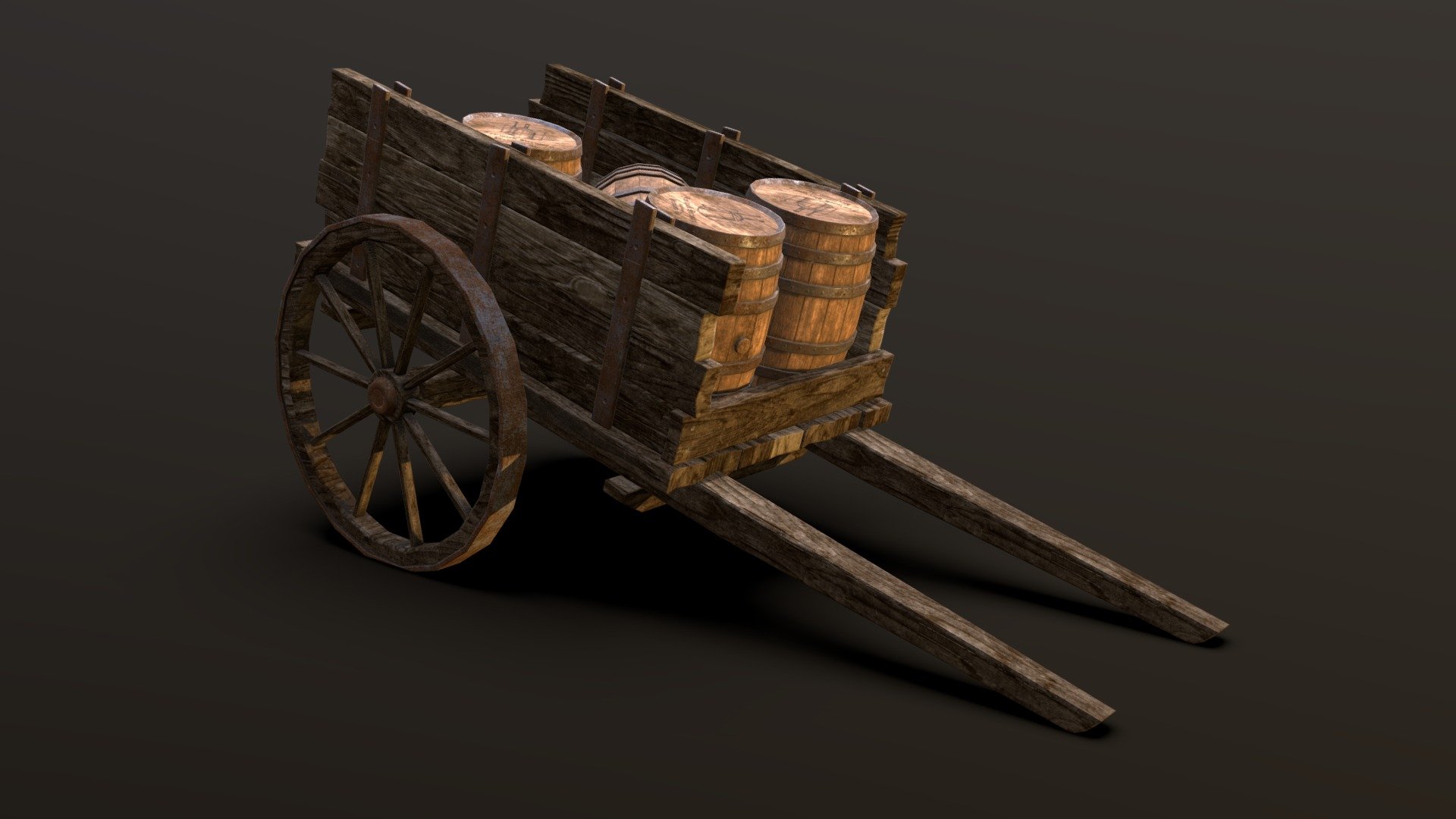 This is a wooden cart model that I have combined with the barrel model I made earlier in the medieval Inn environment project 3d model