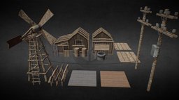 Desert Western Village Town Modular Wall Pieces bump, power, section, west, unreal, line, wild, western, map, windmill, 1800s, low, poly, wood, textured, modular, wall
