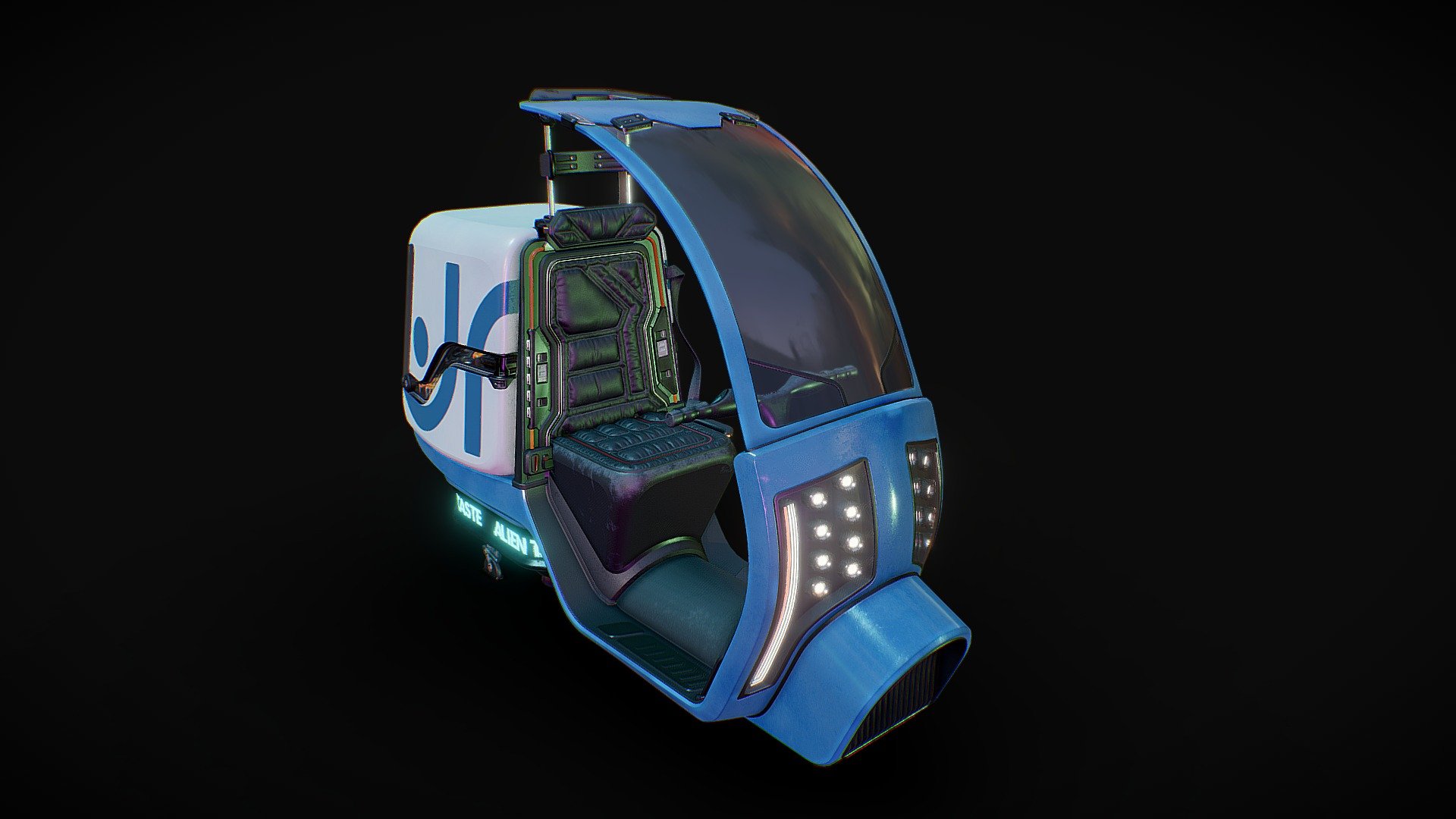 Delivery hover bike from a cyberpunk setting. If you like this model and have some time, pls support me on Artstation (it's free) by pressing like. Thank you.
https://www.artstation.com/artwork/g0y5LP

Feel free to use this asset in your projects. 
Parameters: 98k tris / 6 texture sets / 7 mats (6,7 material - texture 6)
Disclaimer: For a games textures can be more optimized. You can optimize/unite textures and materials for your purposes.

Have a good day 3d model