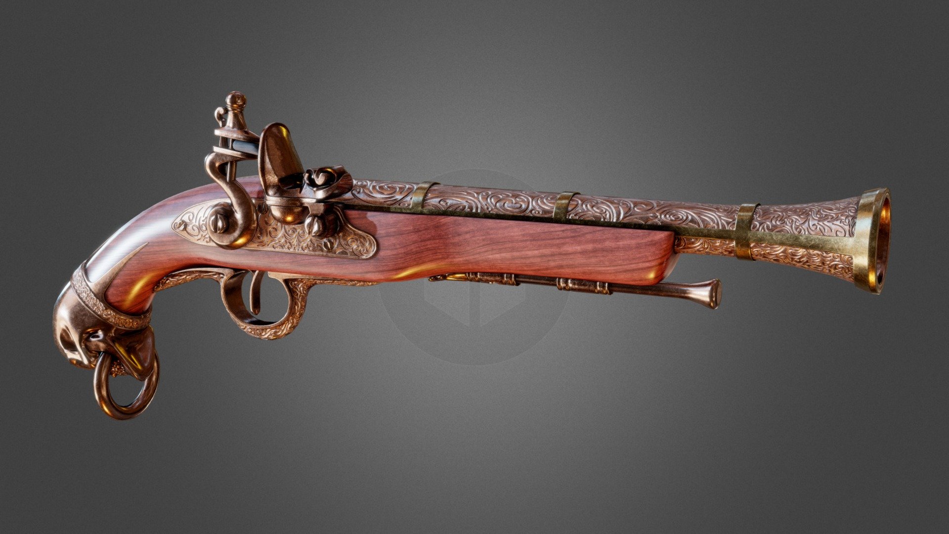 I wanted to take a stab at making something less boxy than my usual models with ornate features. I spent the last month on and off making this flintlock pistol. Modeled in Blender 2.83. Beveled normals and ornate engravings were baked in Blender, the ornate engravings were made in Affinity Designer. The rest of the texturing was done in Substance Painter. This is also the first time I sculpt a skull. I am super happy with how everything turned out!

Extra file includes:
PBR texture set in 1k, 2k, and 4k.
Each set Contains: Color Map, Metalic Map, Normal Map, and Roughness Map.

Also in the Extra file is the final Blend file with a basic light setup and a free HDRI I used from HDRI Haven packed in 3d model
