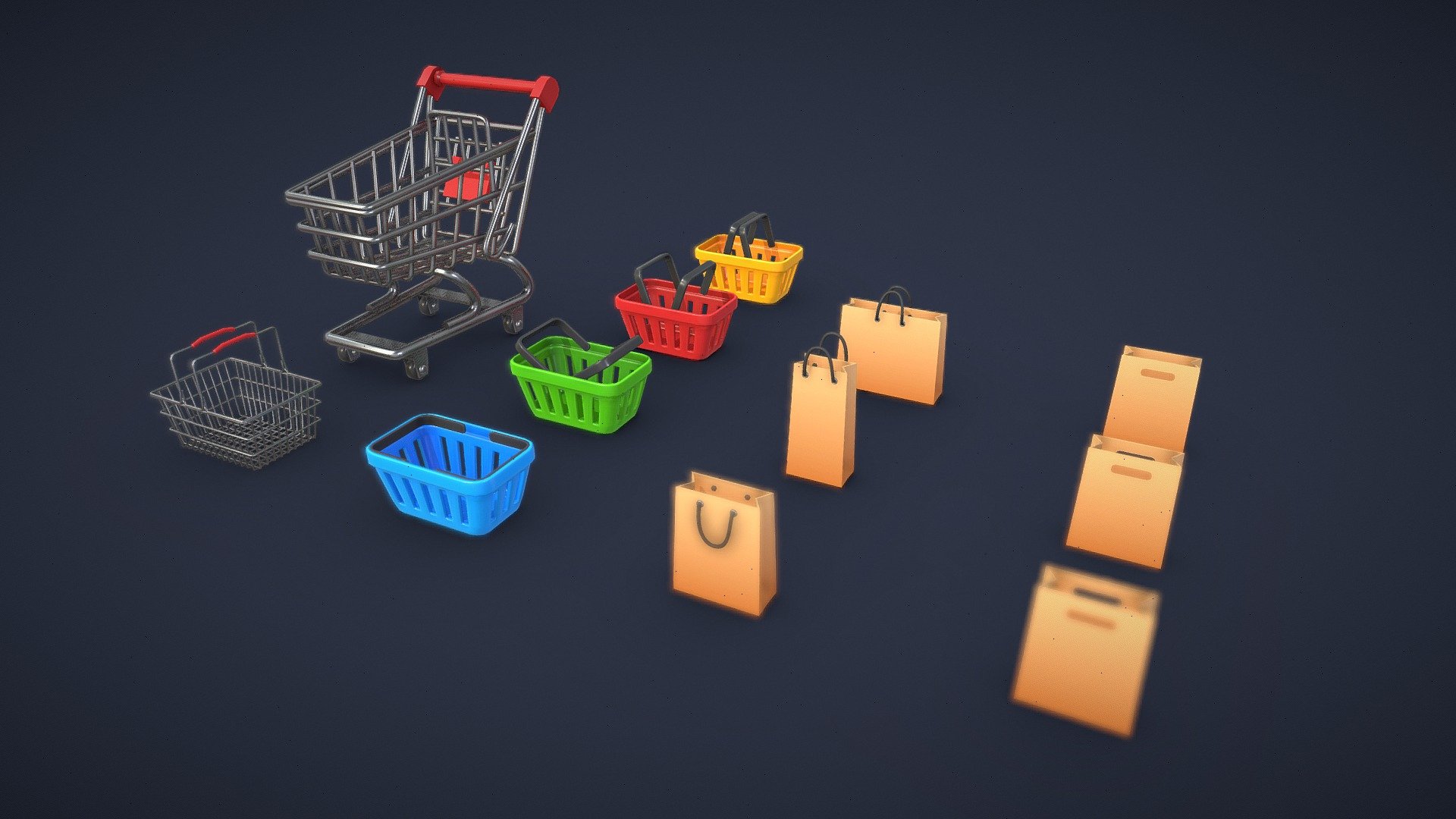 Pack of 5 different models for shopping

Pack include:




4 Shopping Basket (Blue, Green, Red, Yellow) - 1 408 tris

Shopping Cart - 6 120 tris

Metal Shopping Basket - 6 160 tris

Shopping Bag - 760 tris

Paper Bag - 244 tris

Diffuse, Normal, Roughness and Metalic textures

2048 x 2048 PNG textures

AR / VR / Mobile ready - Shopping Pack - Buy Royalty Free 3D model by Andrii Sedykh (@andriisedykh) 3d model