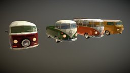 Low Poly Camper Van Pack virtual, van, minivan, t2, vintage, retro, reality, pickup, vw, transporter, augmented, antique, bus, volkswagen, vr, ar, old, machine, auto, t1, game-ready, autobus, macchina, low-poly-model, samba, minibus, low-poly-art, camper, campervan, bulli, game, vehicle, low, poly, car