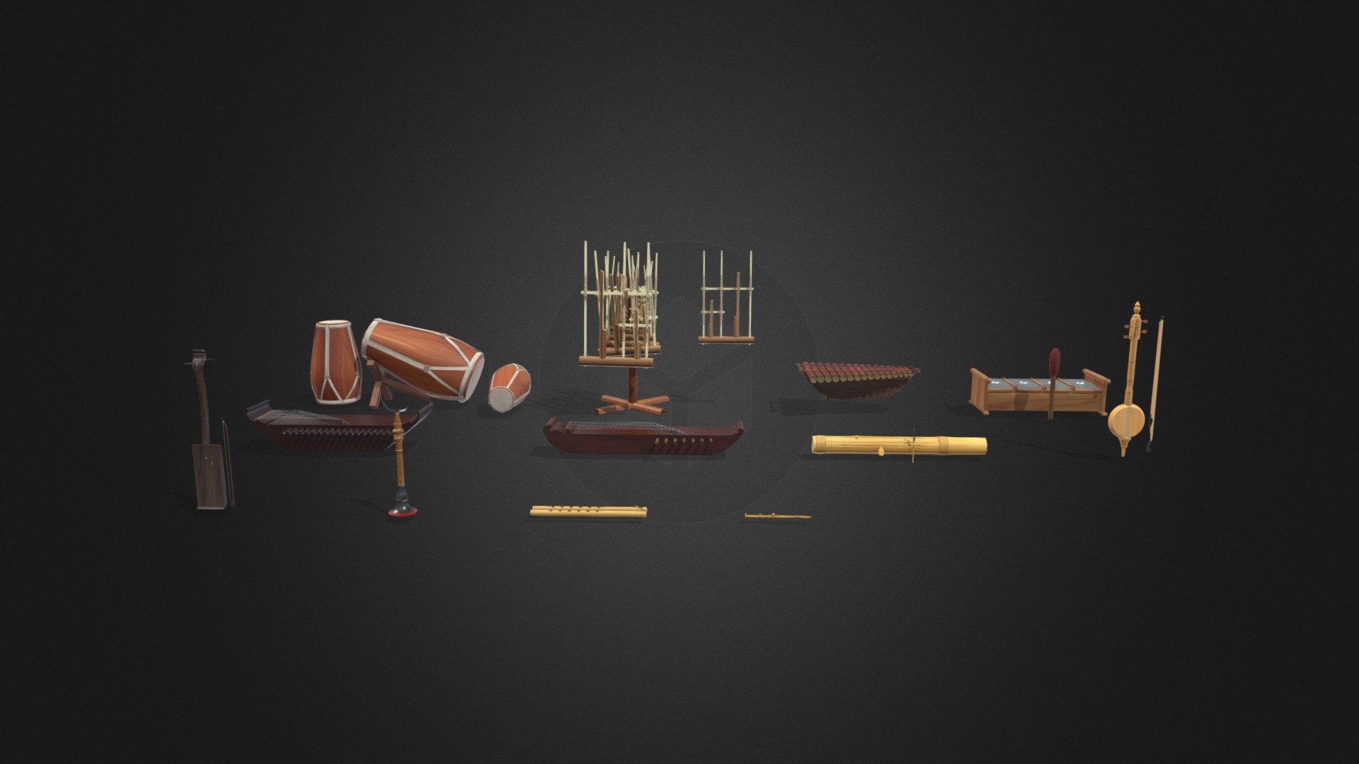 The province of West Java, where the majority of the people are Sundanese, is indeed known as a tribe that has a unique culture and musical instruments. Here I present some Sundanese musical instruments and here is the 3d model shown:
1. Kendang
2. angklung
3.calung
4. jenglong
5.kacapi
6. jenteng
7. celempung
8.rebab
9.tawangsa
10. Tarompet
11. Suling bambu
Suling bambu musical instrument is made of bamboo, which forms an elongated shape and has a hole so that it produces a melodious sound.

How to play it is by blowing on the end of the instrument, while closing the hole above it. There are six holes in this flute, but there are also four holes.


karinding
Karinding is one of the traditional Sundanese musical instruments which is played by flicking the tip of the index finger while affixed to the lips. This instrument is included in the type of lamellafon or idiophone. Usually made from palm fronds or from bamboo
 - Sundanese musical instrument - Buy Royalty Free 3D model by Kyyy_24 (@luckyardrianto27) 3d model