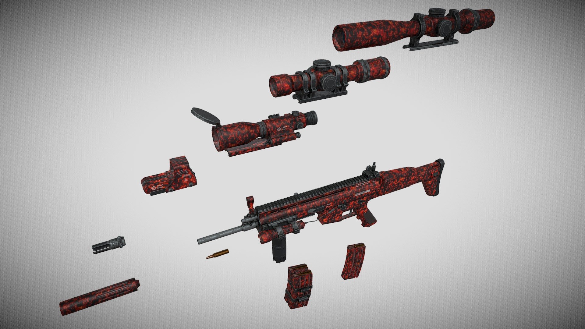 Main color: https://sketchfab.com/3d-models/scar-fn-lowpoly-main-color-7a48ab4054e44b568272ebcaff881231 Dragon skin: https://skfb.ly/6TsBQ Fire skin: https://skfb.ly/6TsDO Pirate skin: Winter skin: https://skfb.ly/6TsHw

Game Ready Scar FN mesh this package comes with: Weapon and 5 Scopes - Holographic sight - 4x scope - 8x scope - 16x scope - sight 1 Muzzle 1 Silencer 1 Flashlight 1 Grip 2 Magazines(single and double)

Textures: BaseColor Roughness Height Normal AO Metallic

All textures 4096 x 4096

Next gen model 3d model