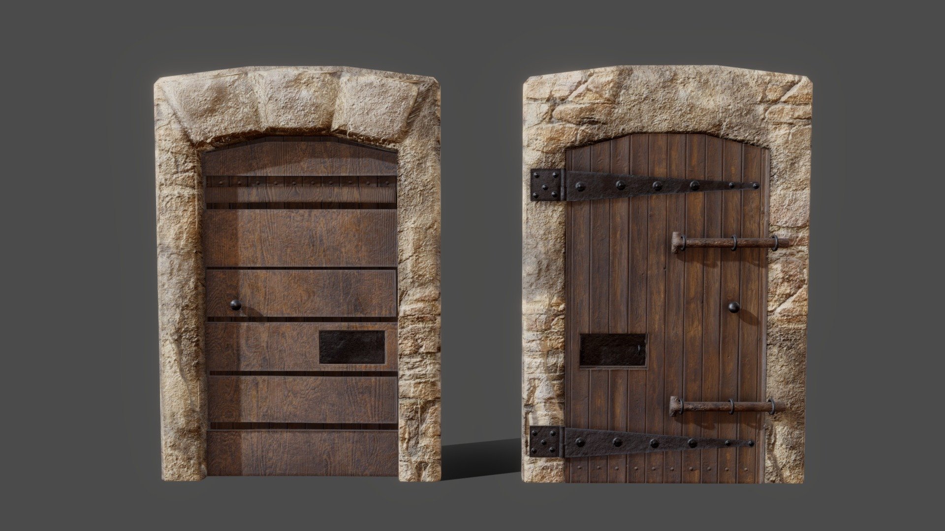 Check out my website for more products and better deals! &amp;gt;&amp;gt; SM5 by Heledahn &amp;lt;&amp;lt;


This is a digital 3d model of a medieval fantasy style door made of wood, with rusty metal hinges, a Judas hole, and two door lock bars. Everything is framed in a stone arch.

This model is intended to be used as a accessory prop for a more detailed model, such as the Medieval House Collection, for example.

This product will achieve realistic results in your rendering projects, being greatly suited for close-ups due to their high quality topology and PBR shading 3d model