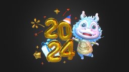 Happy New Year 2024 gift, star, balloons, fireworks, dragon, lunarnewyear, 2024-happy-new-year