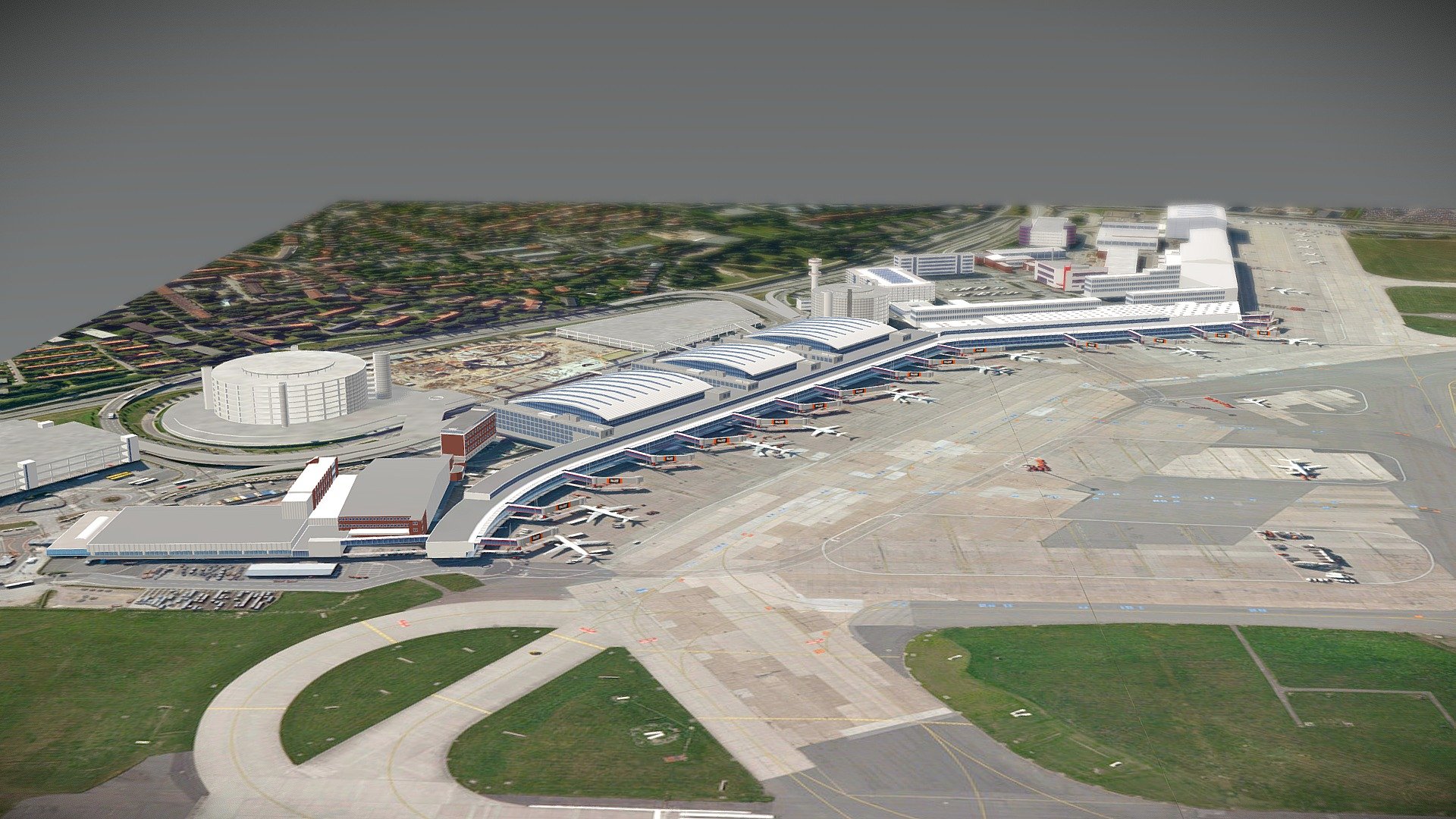 Hamburg airport. Main airport buildings and terminals modeled. Low poly models. The buildings share a texture sized 2000 pixels. The landscape consists of 8 individual planes each with a texture sized 2000 pixels square 3d model