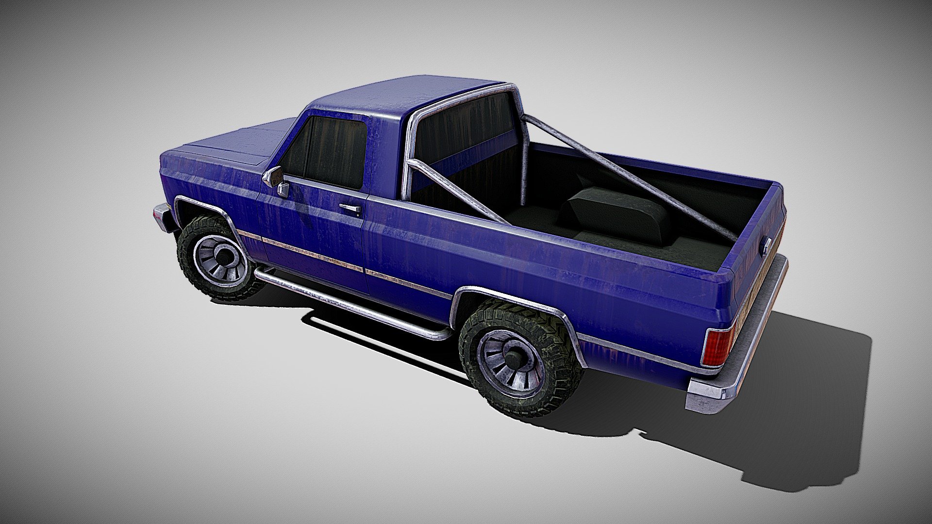Game ready pickup. Best for background scene and mobile projects. Interior not included. Separate parts : wheels, rear hood, car body. Model scale Unity engine 3d model