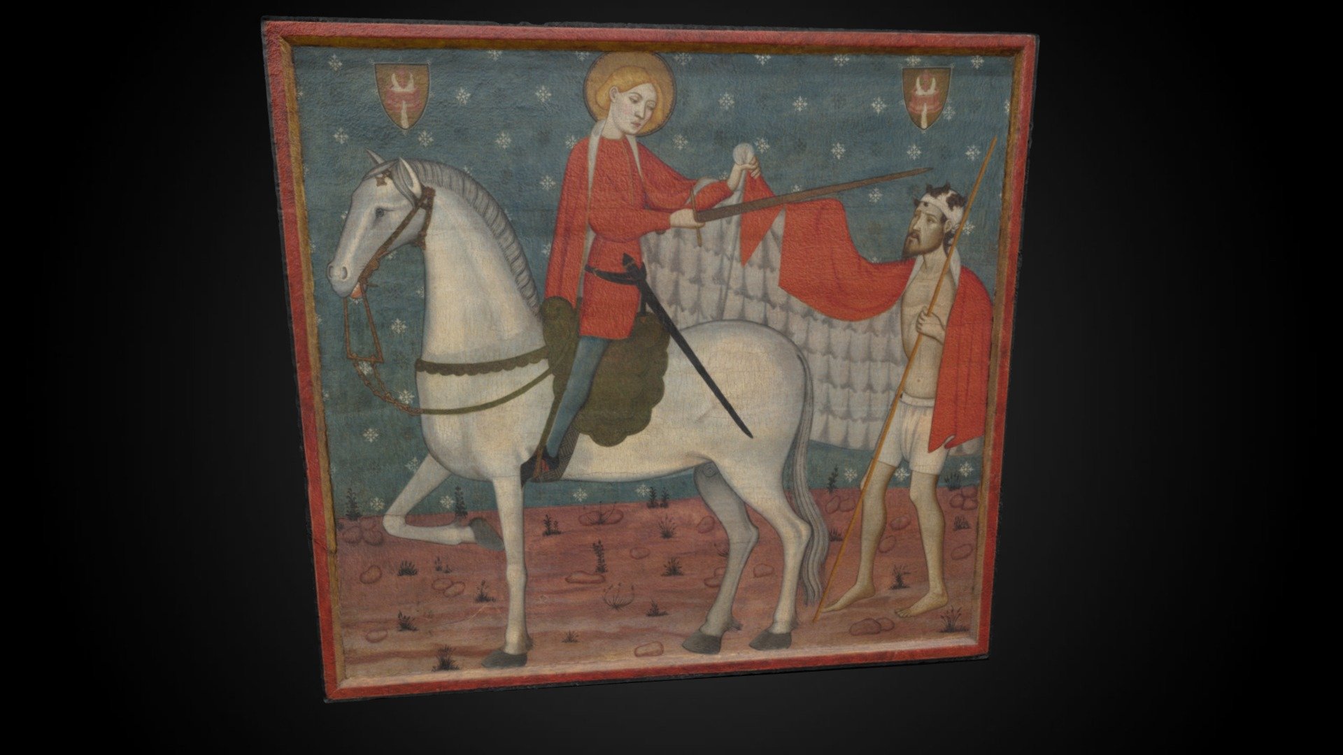 Saint Martin and the Beggar, c. 1375-1385 CE, now in the collection of the Minneapolis Institute of Art.

This large panel, painted by Spanish painter Jaume Serra in the area around present day Barcelona, depicts a celebrated episode from the life of Saint Martin of Tours. 

More information about the painting - Saint Martin and the Beggar, c. 1375-1385 CE - Download Free 3D model by Minneapolis Institute of Art (@artsmia) 3d model