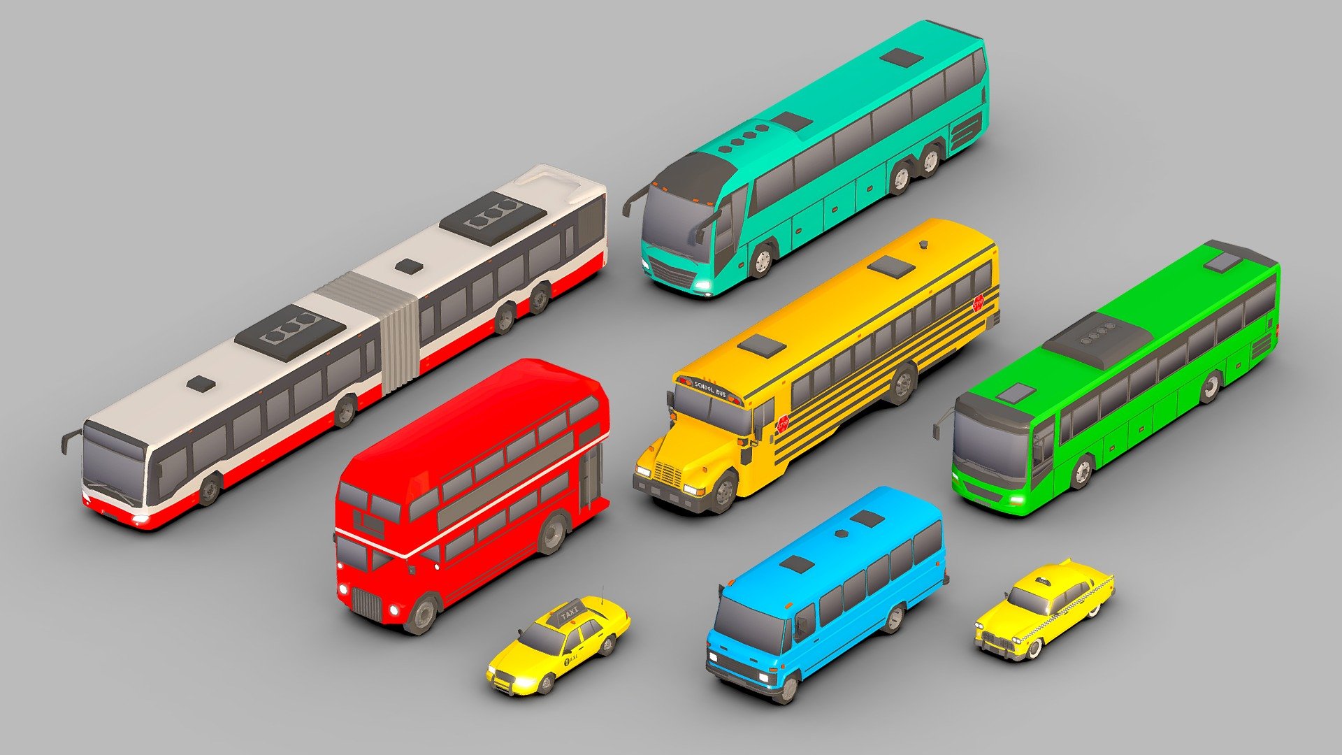 Low Poly Bus Pack.

You can use these models in any game and project.

This package includes 8 Models .

This model is made with order and precision.

Separated parts (body. wheel).

The color of the body can be changed.

The body color of taxi and school bus does not change.

Very low poly.

Average poly count: 5/000 Tris.

Texture size: 256 (PNG).

Number of textures: 1.

Number of materials: 1.

format: fbx, obj, 3d max - Low Poly Bus Pack - Buy Royalty Free 3D model by Sidra (@Sidramax) 3d model