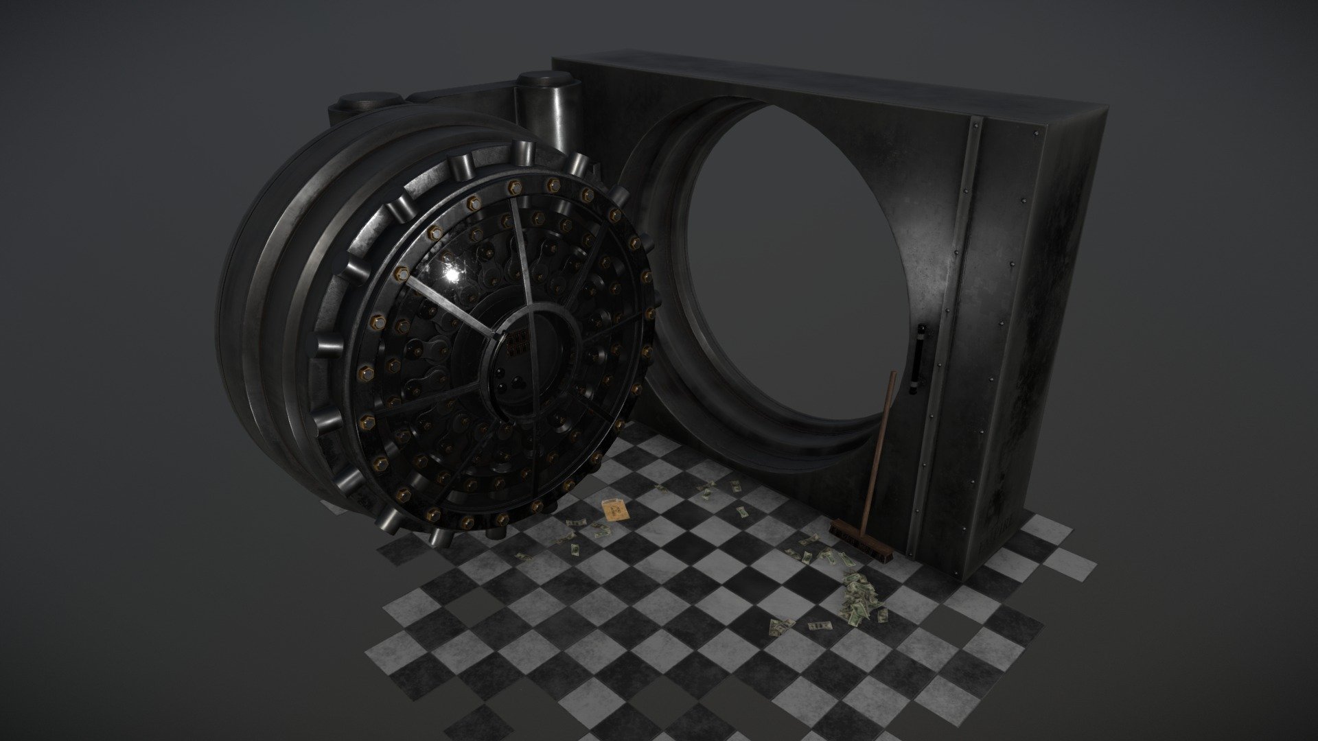 Bank vault heavily inspired by Payday 2 made as a practice of  hardsurface modeling and texturing. I really liked design of this vault, it catches the eye so well with that glass mechanism cover. I also wanted to tell some story of that vault with ripped open envelope, scattered money all over the floor and broomed away. Now it doesn't feel so empty.

Programs used: 3ds Max, Substance Painter - Bank Vault - 3D model by sycro 3d model