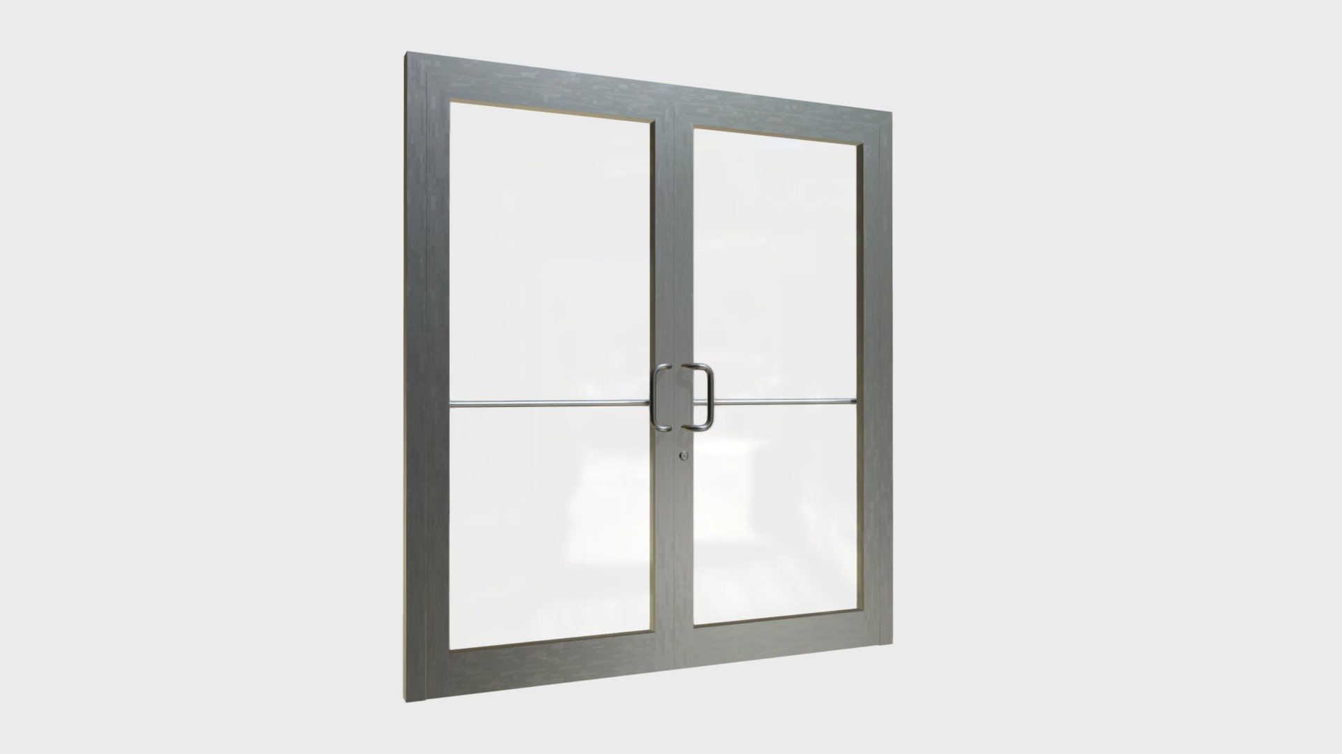 === The following description refers to the additional ZIP package provided with this model ===

Double storefront glass door 3D Model. 5 individual objects (frame, right door, right glass, left door, left glass), sharing 2 non overlapping UV Layout maps, Materials (glass, frame) and PBR Textures sets. Production-ready 3D Model, with PBR materials, textures, non overlapping UV Layout map provided in the package.

Quads only geometries (no tris/ngons).

Formats included: FBX, OBJ; scenes: BLEND (with Cycles / Eevee PBR Materials and Textures); other: 16-bit PNGs with Alpha.

5 Objects (meshes), 2 PBR Materials, UV unwrapped (non overlapping UV Layout map provided in the package); UV-mapped Textures.

UV Layout maps and Image Textures resolutions: 2048x2048; PBR Textures made with Substance Painter.

Polygonal, QUADS ONLY (no tris/ngons); 11878 vertices, 11666 quad faces (23332 tris).

Real world dimensions; scene scale units: cm in Blender 3.6.1 LTS (that is: Metric with 0.01 scale) 3d model