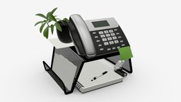 Phone mesh holder with decors office, plant, mesh, stand, pen, desk, holder, business, wire, decor, note, phone, organizer, management, book, 3d, pbr