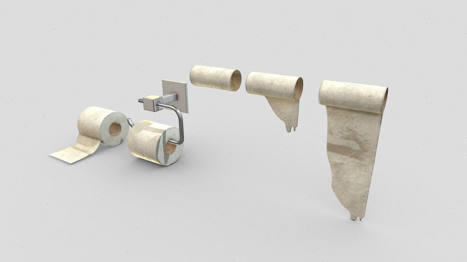 A selection of toilet rolls and a holder.  Slight worn and would be a handy prop for any sort of interior scene.

PBR texttures @4k - Toilet rolls - Buy Royalty Free 3D model by Sousinho 3d model