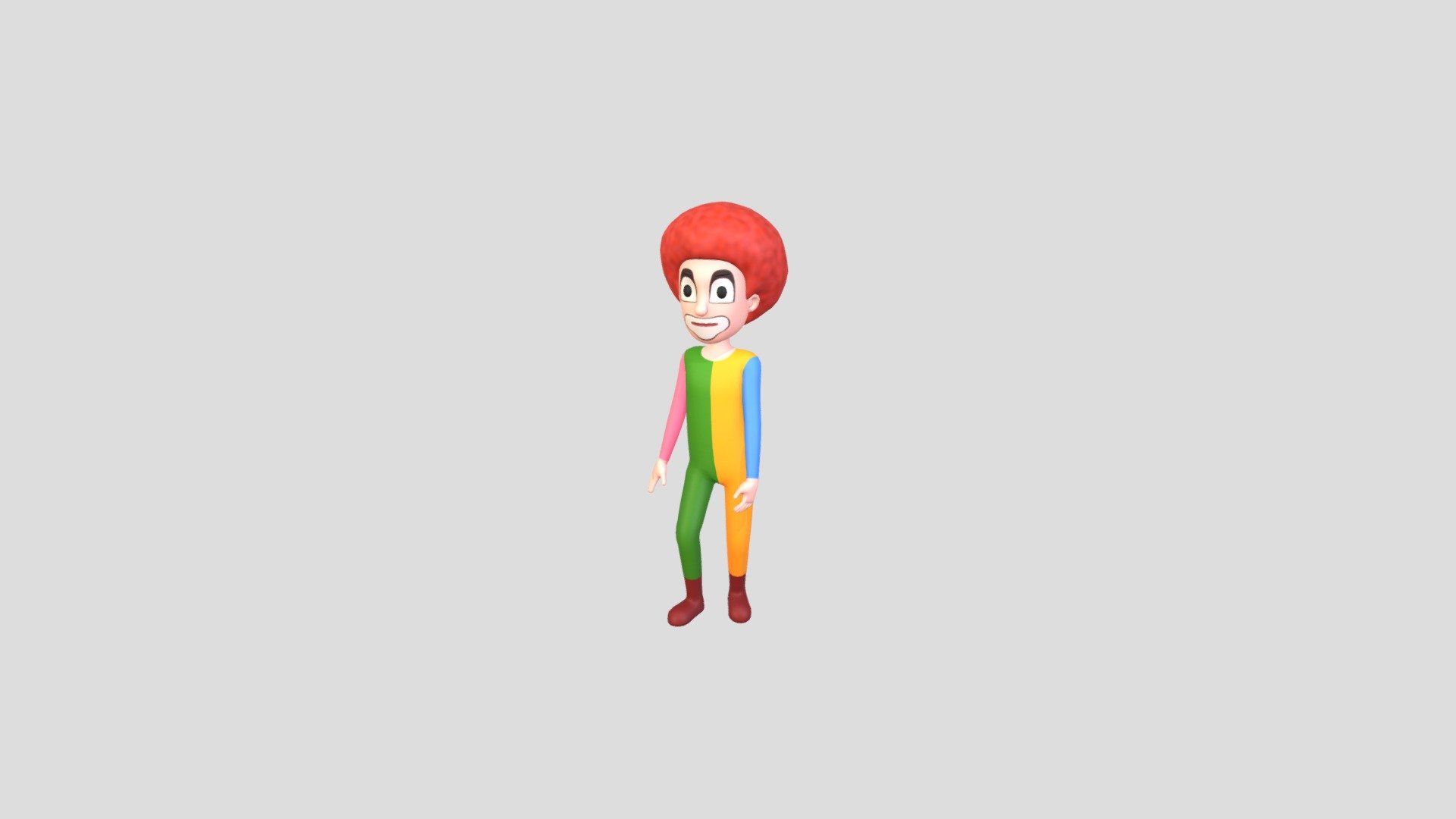 Rigged Clown Character 3d model.      
    


File Format      
 
- 3ds max 2021  
 
- FBX  
 
- OBJ  
    


Clean topology    

Rig with CAT in 3ds Max                          

Bone and Weight skin are in fbx file                 

No Facial Rig               

No Animation               

Non-overlapping unwrapped UVs        
 


PNG texture               

2048x2048                


- Base Color                        

- Roughness                         



6,580 polygons                          

6,430 vertexs                          
 - Character173 Rigged Clown - Buy Royalty Free 3D model by BaluCG 3d model