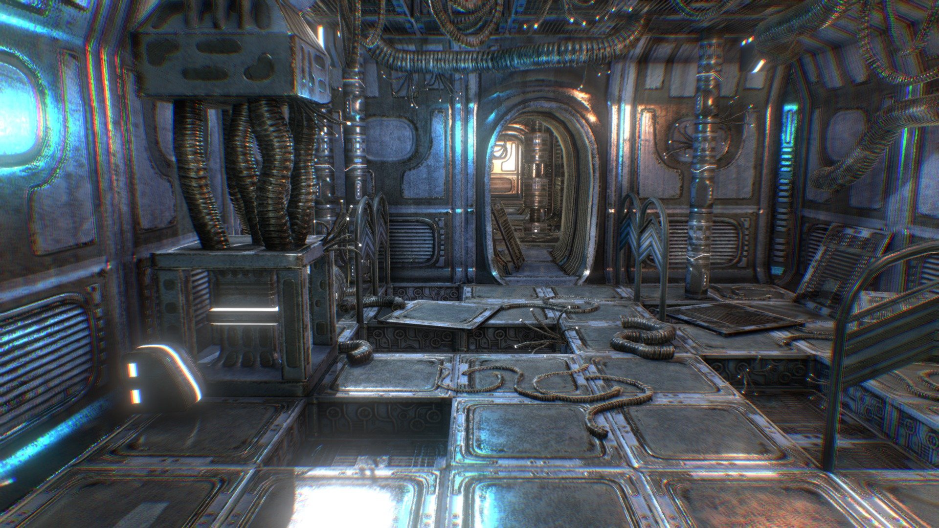 Modular sci-fi level example. You can buy the asset here: https://sketchfab.com/3d-models/modular-sci-fi-rooms-original-concept-897a38db2ec0406ca611095d1050e712
And this is a better material + scene + light setting: https://youtu.be/QhOuXuTke-k
Note: this is a 12 years old work, so very lowpoly. But it looks cool. :) - Modular sci-fi level example - 3D model by endike 3d model
