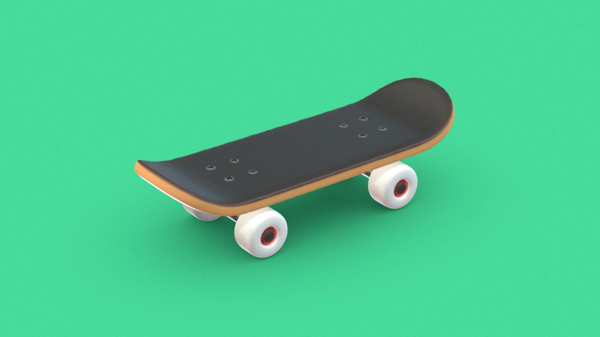A skateboard is a flat board with a curved shape, grip tape on the top, and four main components - deck, trucks, wheels, and bearings - designed for use in skateboarding 3d model