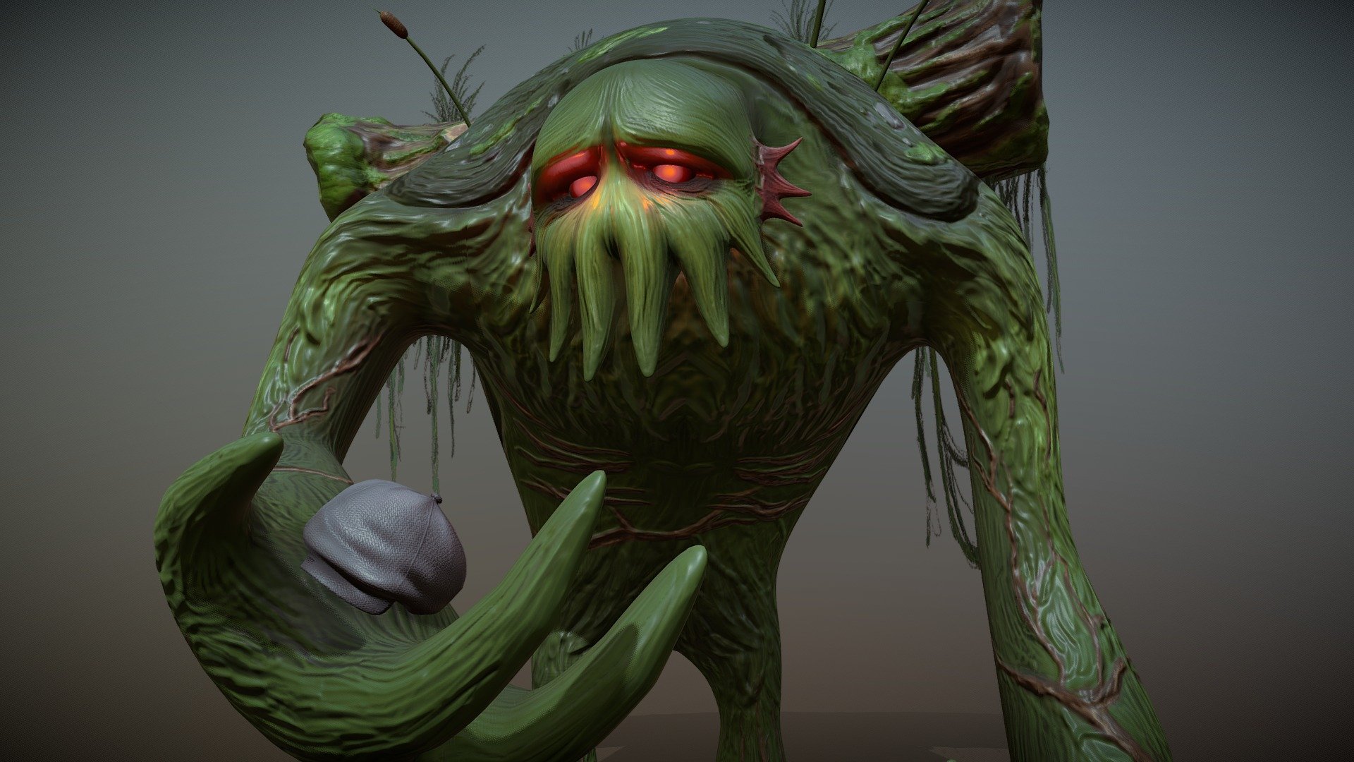 A swamp creature character that I made completely from scratch for my animation thesis, coming next year! The high poly was created in Zbrush and then baked onto the low poly made in 3DS Max. Additional textures created in Photoshop 3d model