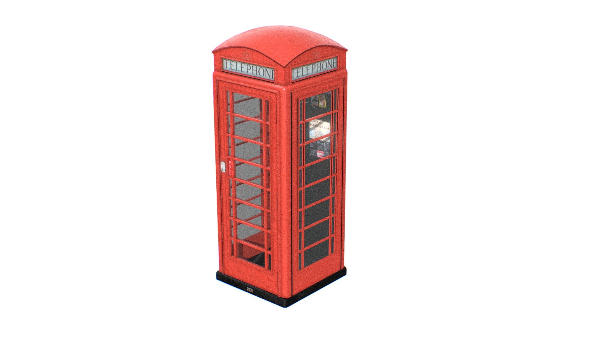 Photorealistic The red telephone box, a public english telephone kiosk.

English K6 telephone booth designed in 1935 has become a British icon 3d model