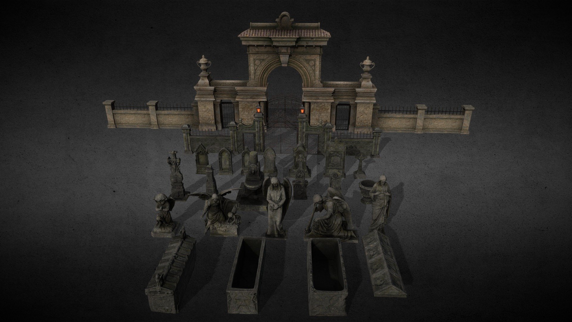 Low poly game ready Graveyard pack.

4096x4096 full pbr texture packs.

Big gate

small gate

7 different Tombstones

6 different ornaments

5 angel statues

3 sacrophagus

Tris counts:

Big gate full&mdash;48K

Small gatefull&mdash;41K

TombStones&ndash;800 Tris to 2.8K

Ornaments&mdash;700 Tris to 2.5K

Angel statues&ndash;2.5K to 5.5K

Sacropaghus&mdash;300 Tris to 2K

cgtradercom/3d-models/exterior/street-exterior/gothic-graveyard-pack - Gothic Cemetery Pack - 3D model by 3DBazaar (@muratosan) 3d model