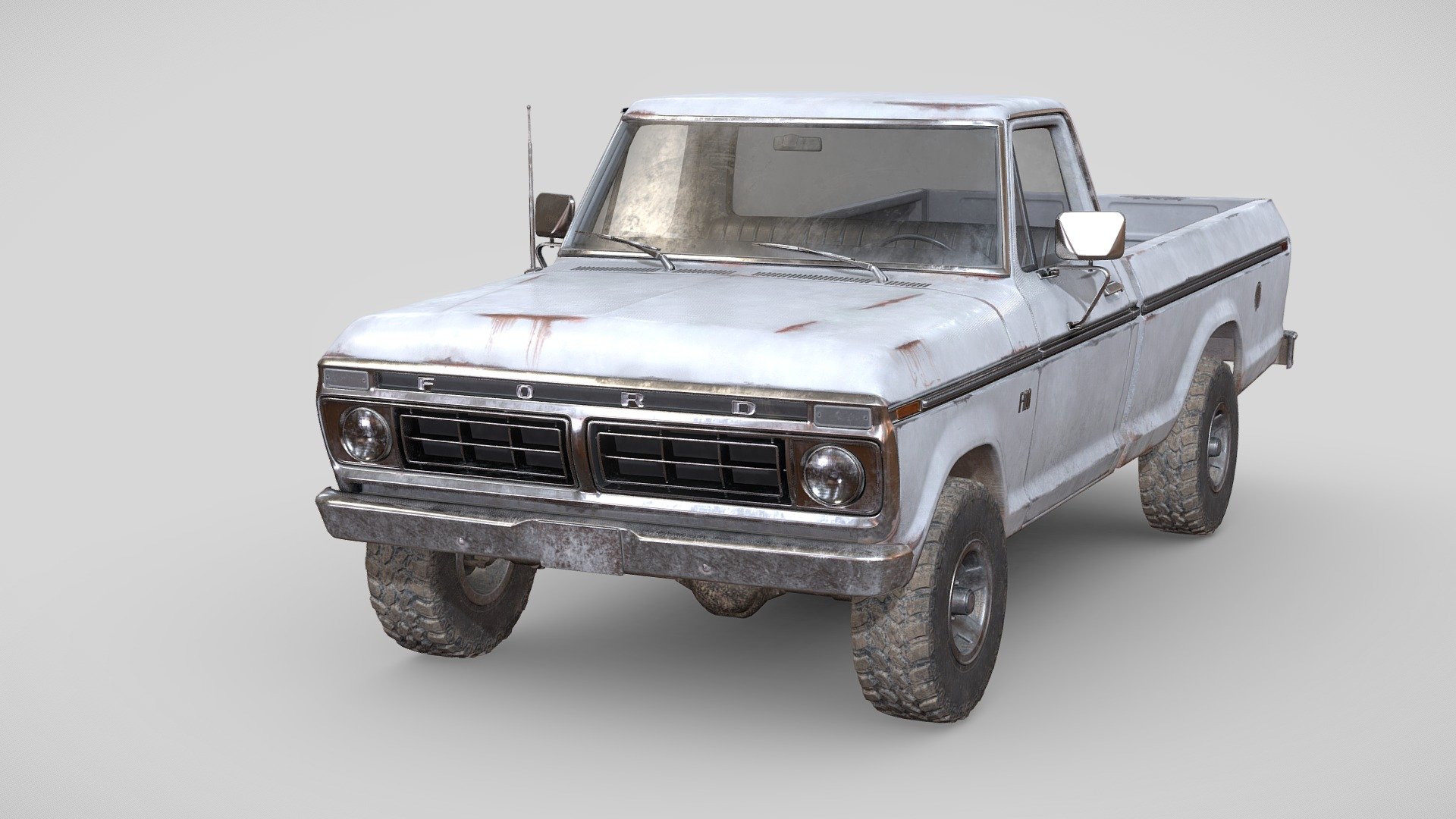 This is a classic American pickup truck made by Ford Motor Company in 1976. The model(64 202k tris) is a real world scale AAA game ready asset with realistic textures in a quite used state, the model is positioned on the center of the world with Z axis up and facing to X axis. This asset has modeled lights, full details interior and exterior, openable doors and a high detail under car with a functional suspension. Doors, wheels and steering wheel are separated objects with the pivot in the right position for an easier animation.

We will be happy to help you if you need any assistance with this asset. (Any future improvement or update of this asset will be included in this purchase) - Ford F100 1976 Old White - Buy Royalty Free 3D model by rpalomino 3d model