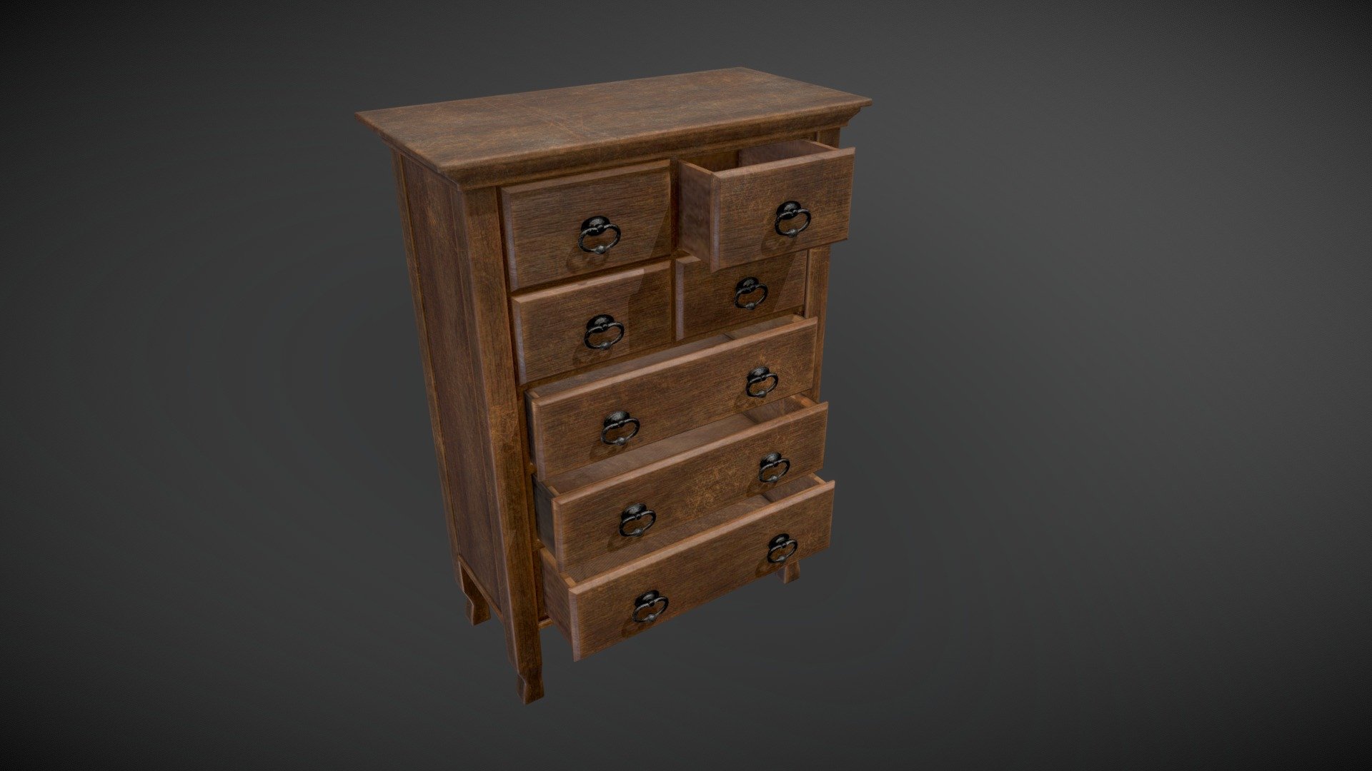 An old slighty used dresser with movable drawers for your environment szene.

Includes 1K and 2K texture sets (Albedo, Roughness, Metalness, AO, Normal) 3d model