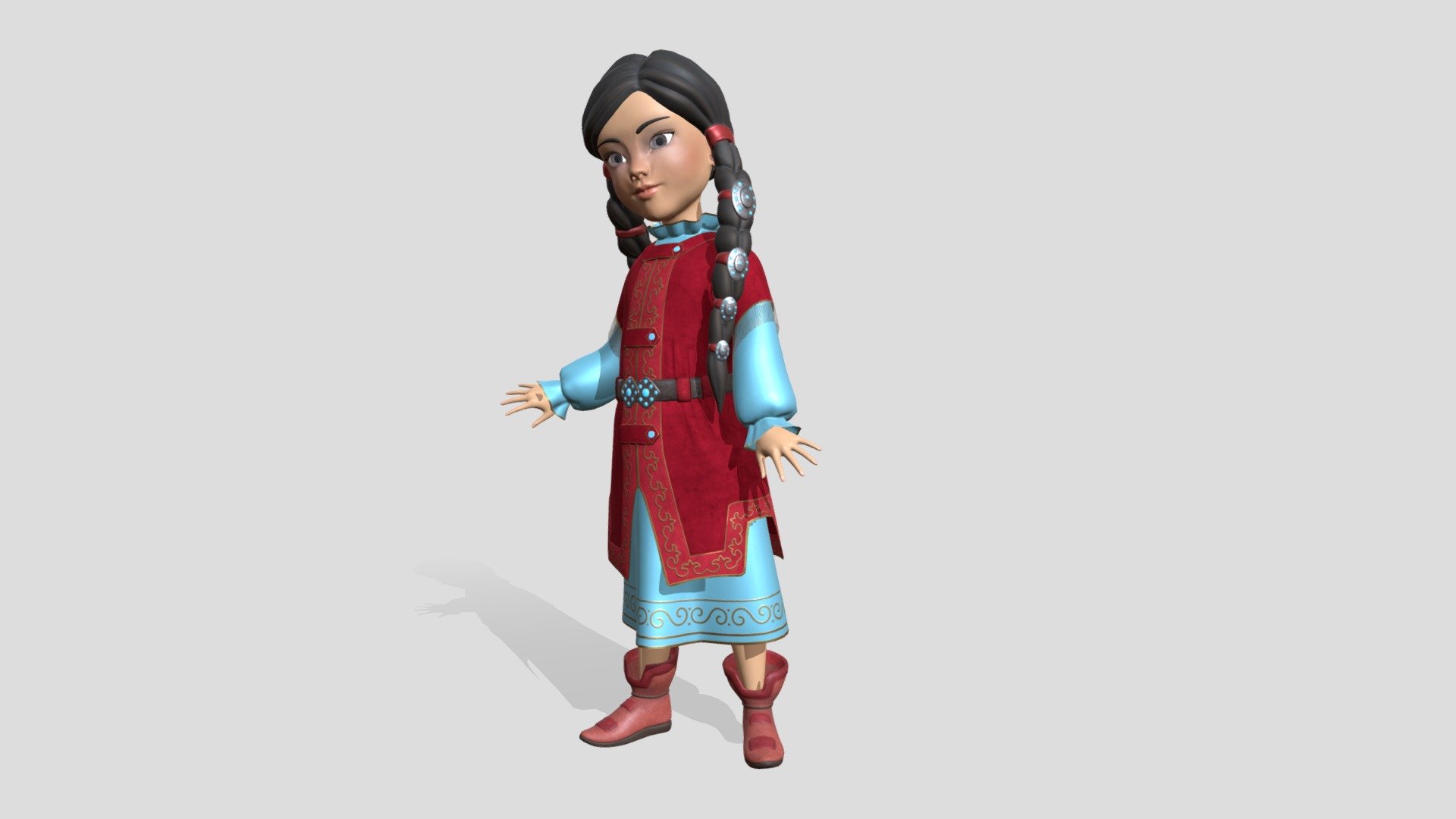 This is my first experience in creation a lowpoly character model from a hipoly model. 
The Little girl wearing festive clothing - kazakh traditional costume - a velvet jacket with pattern embroidered with gold threads, a silk dress with similar pattern, leather boots, a leather belt, a silver belt buckle, silk ribbons with silver decorations for braids

Kazakh cultural heritage is reflected in its national dress. Life on the steppe and various nomadic religious beliefs influenced traditional Kazakh clothing—it was practical in that it protected from the cold and windy weather, was comfortable to wear on horseback, and was also made of natural materials. The quality of clothes and their individual elements also made it possible to ascertain the social status of a Kazakh and the family or clan to which he belonged. Traditionally, poorer people wore clothes made from the skins of wild animals while the rich sometimes made theirs from imported materials such as silk and velvet 3d model