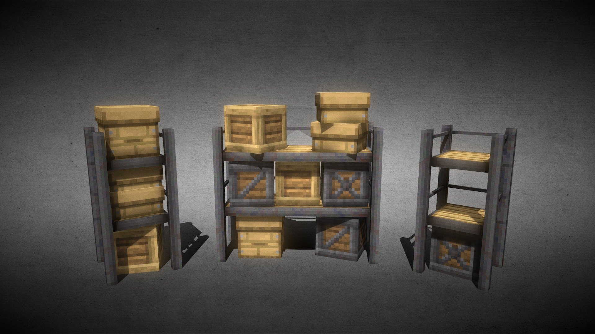 Made for filler assets in a Minecraft Bedrock Add On.

-3x3 Shelving unit

-1x1 Shelving Unit

-16x16 pixel resolution with a box UV format

-5 variants of crates/cardboard boxes - Shelving Units [Low-Poly - Voxel] - 3D model by Radium (@Radium_Studio) 3d model