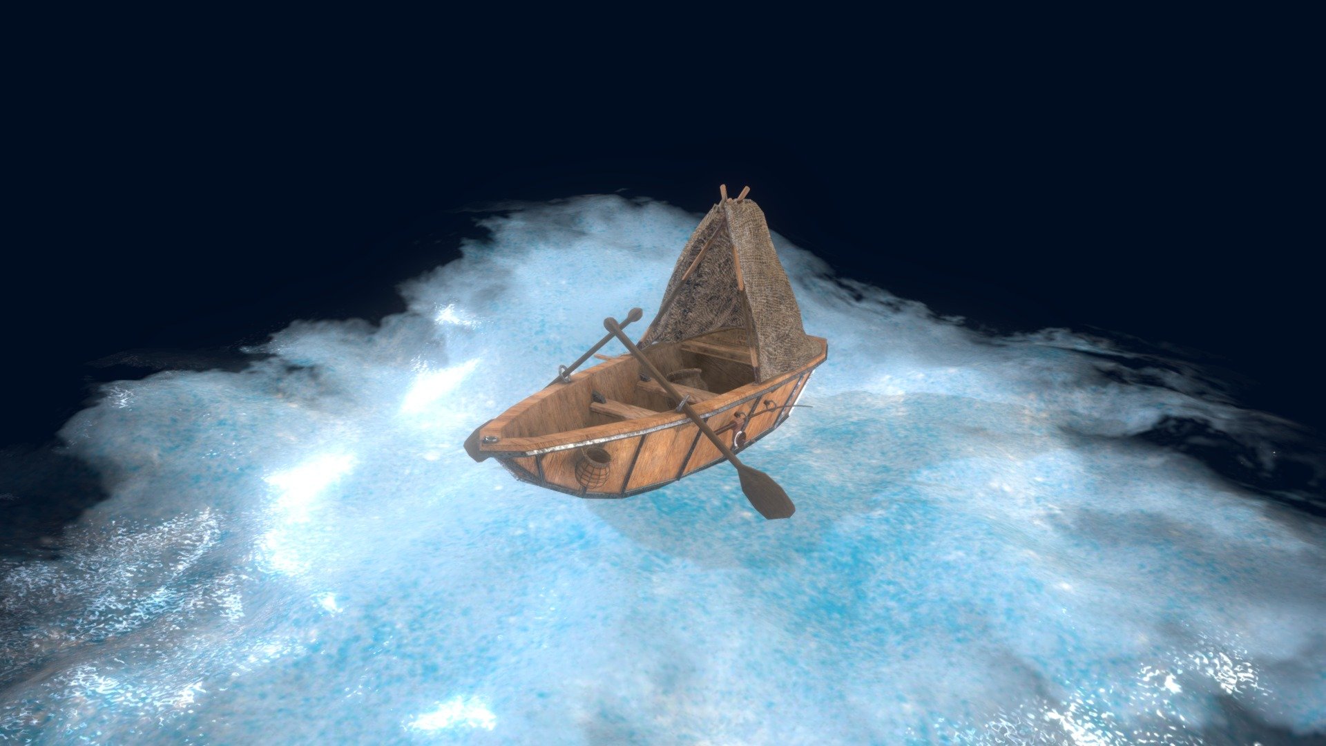 fishing boat 3D model made in blender with fishing rod , net , shade fishing hook ,boat paddle and fish pot 3d model