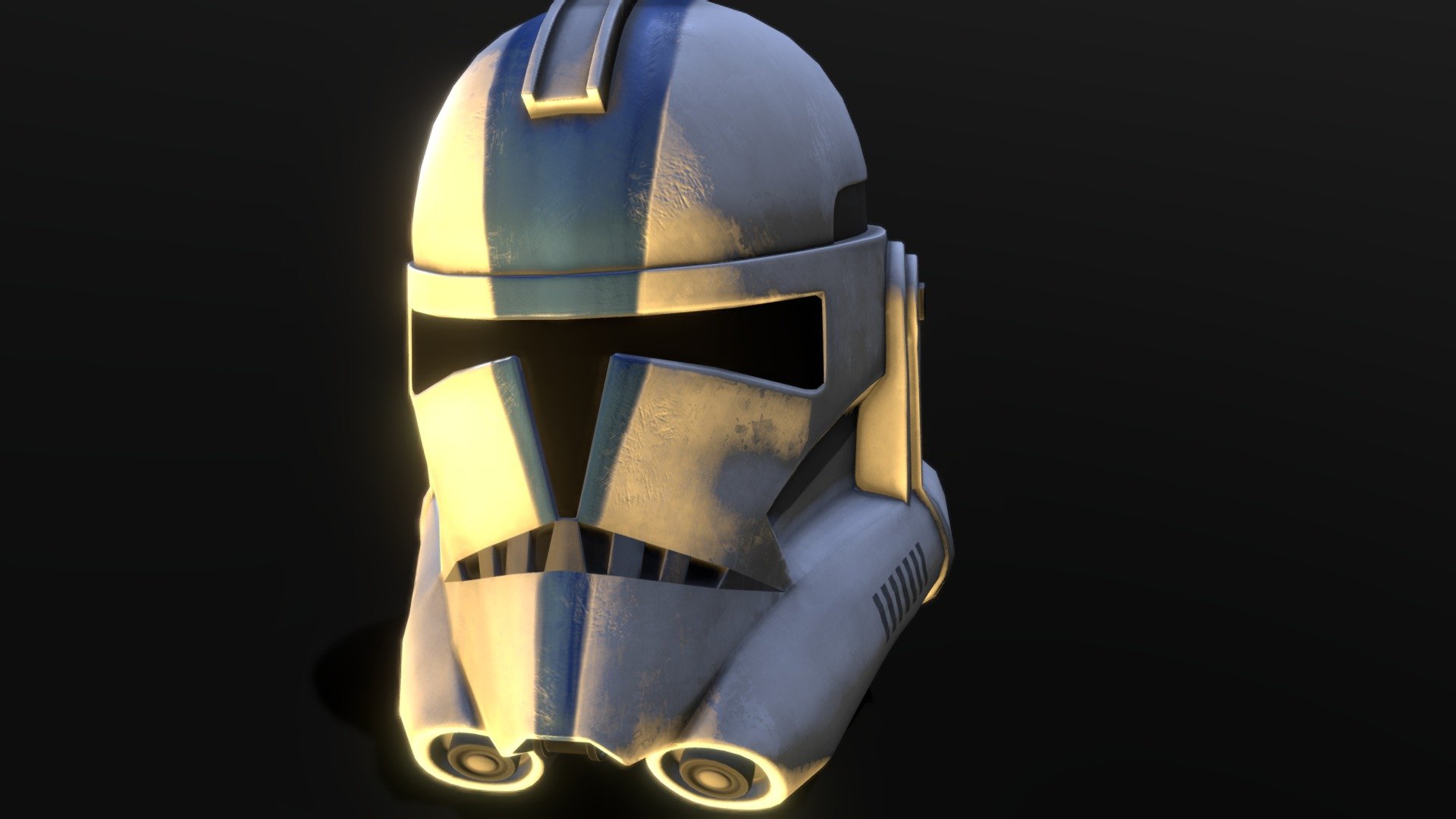 A Clone Wars-style trooper helm with 501st markings. 

Modelled in Autodesk Maya, and textured in Substance Painter - 501st Clone Helm - 3D model by Mike Chan (@rikuchan) 3d model