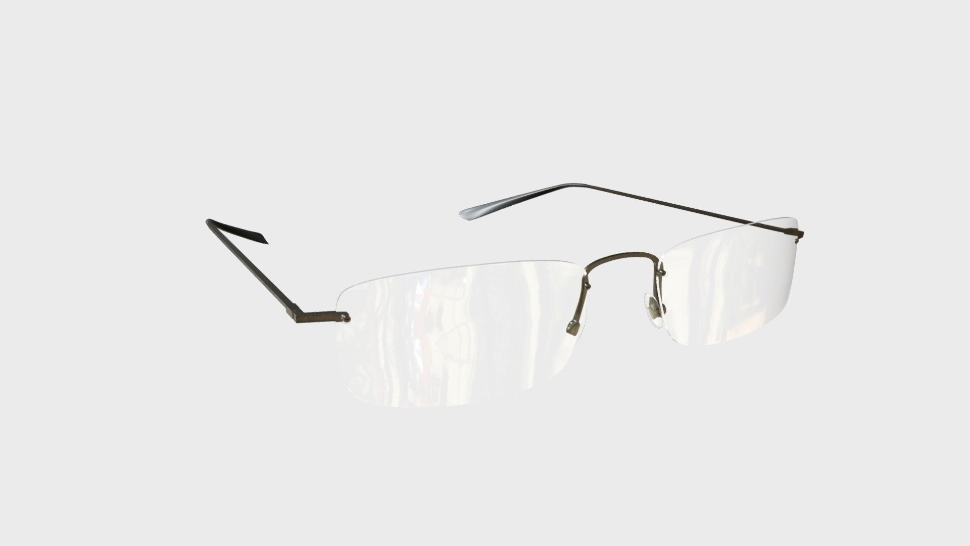 === The following description refers to the additional ZIP package provided with this model ===
Rimless eyeglasses 3D Model. 4 individual objects (frame, lenses and nose pads, right temple, left temple; so, you can easily rotate or even animate the temples), sharing 2 non overlapping UV Layout maps, Materials (lenses, other) and PBR Textures sets. Production-ready 3D Model, with PBR materials, textures, non overlapping UV Layout map provided in the package.
Quads only geometries (no tris/ngons).
Formats included: FBX, OBJ; scenes: BLEND (with Cycles / Eevee PBR Materials and Textures); other: png with Alpha.
4 Objects (meshes), 2 PBR Materials, UV unwrapped (non overlapping UV Layout map provided in the package); UV-mapped Textures.
UV Layout maps and Image Textures resolutions: 2048x2048; PBR Textures made with Substance Painter.
Polygonal, QUADS ONLY (no tris/ngons); 68154 vertices, 67984 quad faces (135968 tris).
Real world dimensions; scene scale units: cm in Blender 3.2 (that is: Metric with 0.01 scale) 3d model