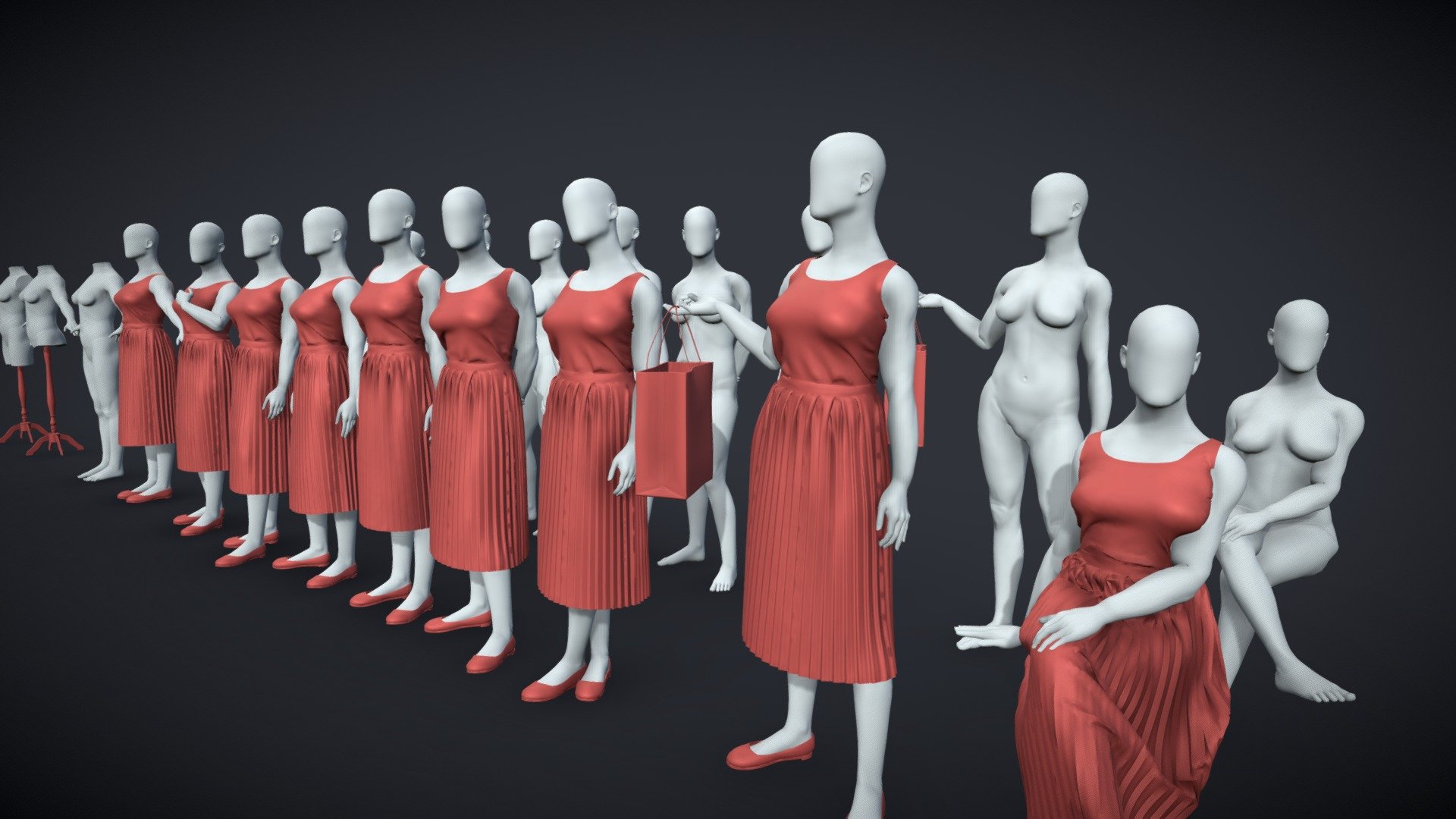 This is a set of Base Mannequin with good topology and ok deformations (they aren’t perfect, but are effective). The rig is only provided in .blend format. The clothes are static.

Usage: sculpting, rendering, archviz

PolygonCount: MidPoly, animatable and sub-divisible

File Types: .blend, .FBX, .OBJ - BlenderRig Female Mannequin Set for Sculpting - Buy Royalty Free 3D model by gustavosept 3d model
