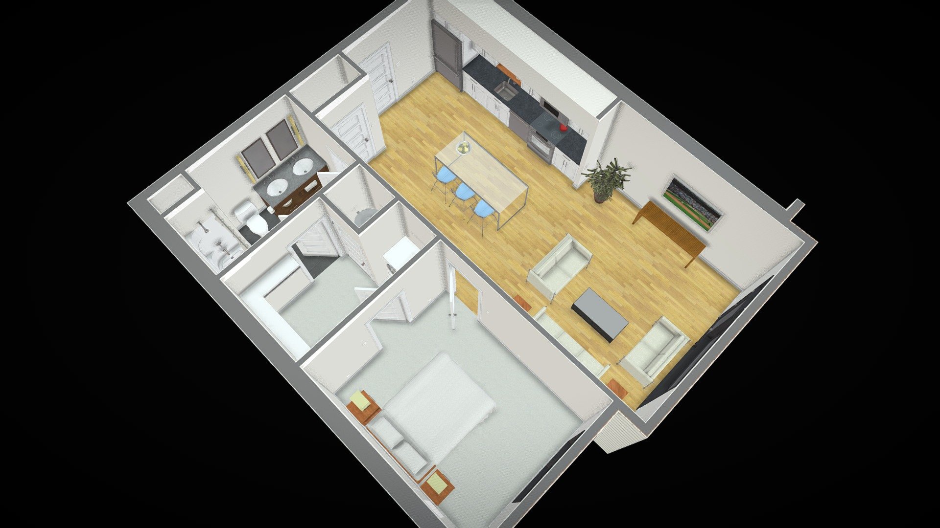 Single bedroom and single bathroom apartment floorplan - 1 bedroom apartment floorplan - Buy Royalty Free 3D model by KPM Design Group (@kmyerskpm) 3d model
