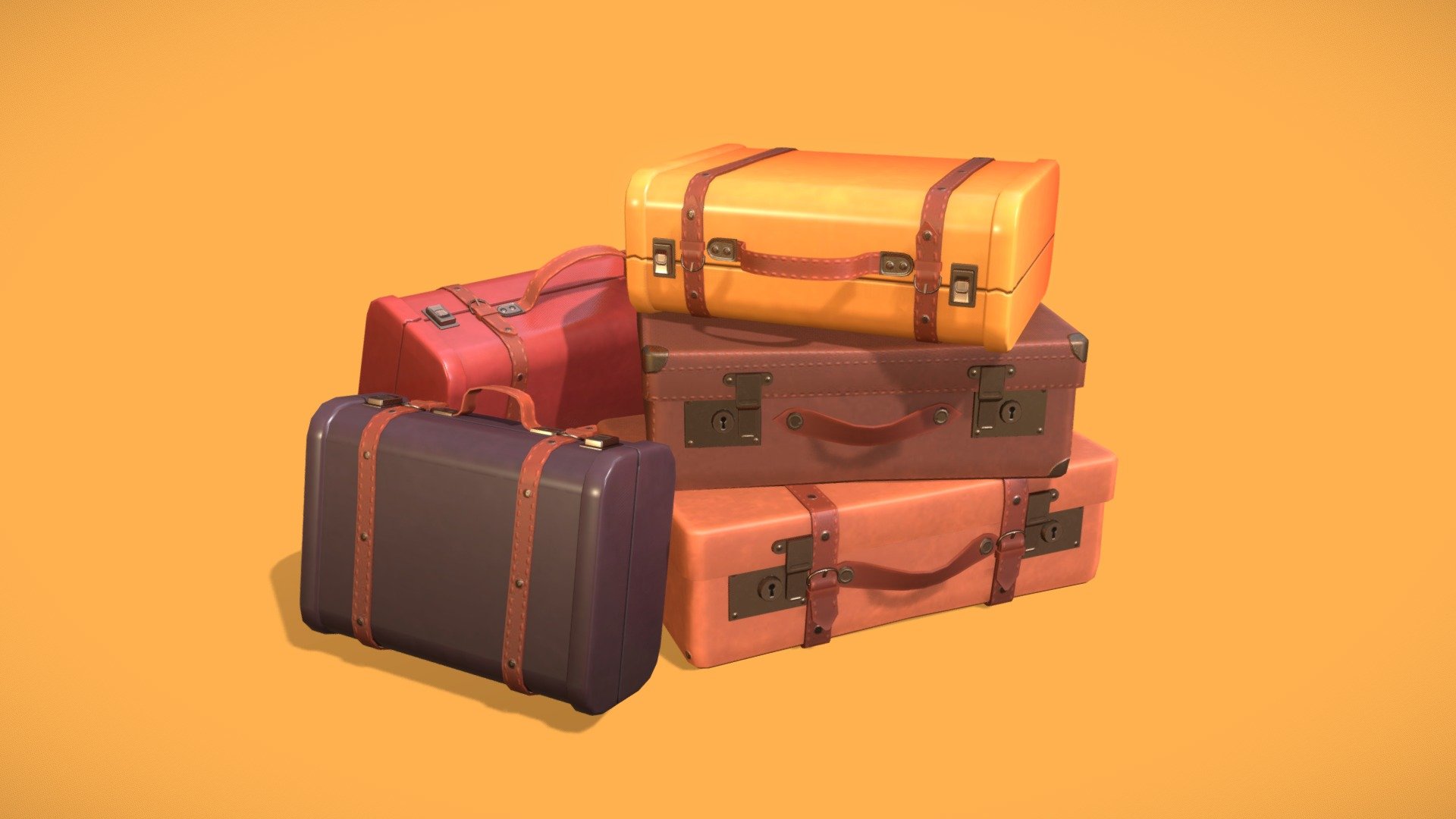 This cartoony set of suitcases is lowpoly and game ready. The suitcases have real world measurements so you can retexture them into realistisch assets if you want. They all share the same UV space and textures. UVs have been optimized with several overlapping UV islands. The individual assets are in the scene as a second annotation for easy use without rotation 3d model