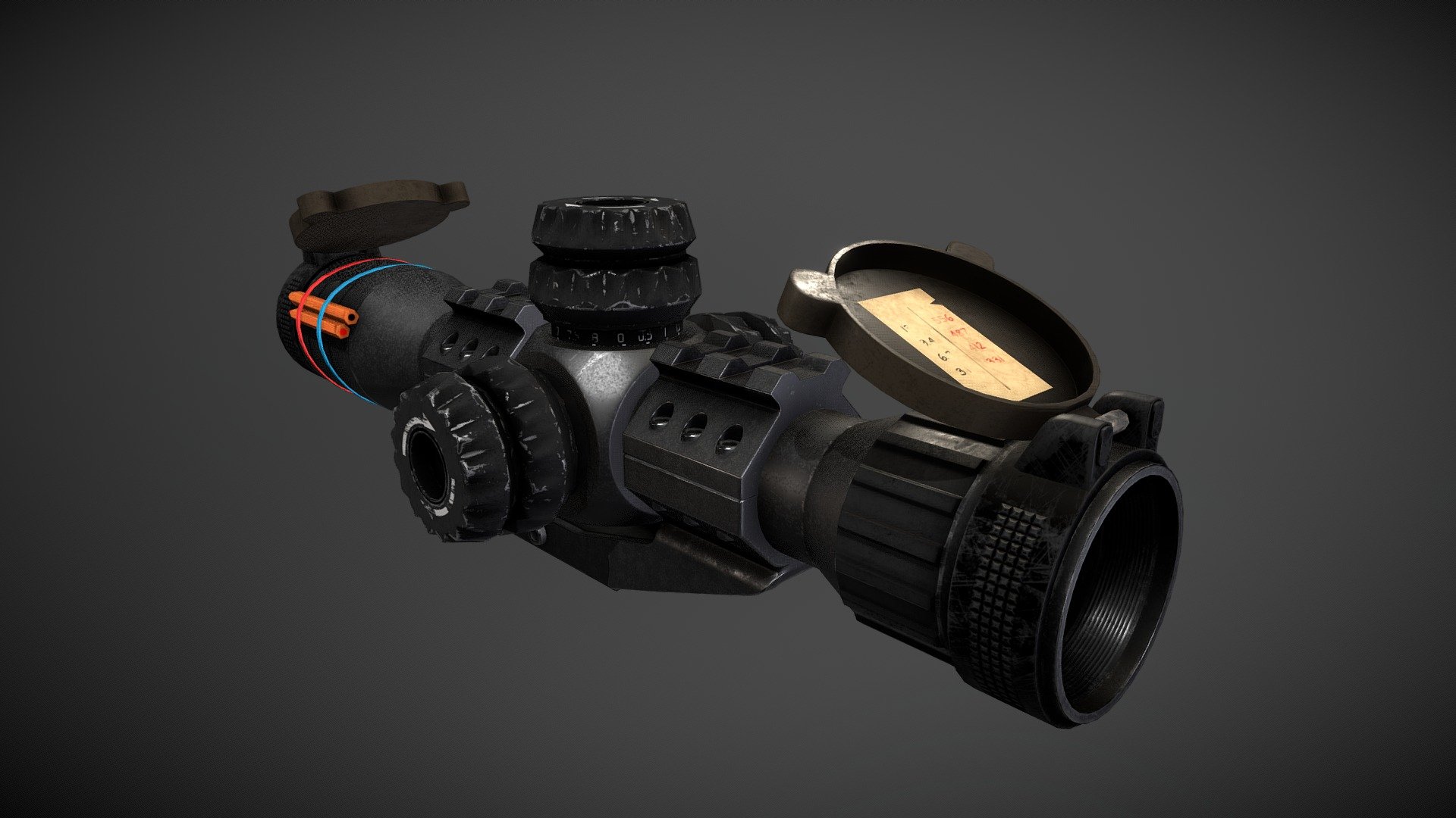 Hard Surface study, Scope Model ~ 9.7k triangles. 
Base meshes made in 3DS Max, PBR textures created in Substance &amp; Photoshop.
4096x4096 Albedo, AO, Roughness, Metallic and Normal textures 3d model