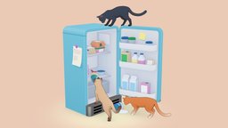 Ferals cat, toon, cats, feline, kitchen, fridge, cellshading, low-poly, cartoon, lowpoly