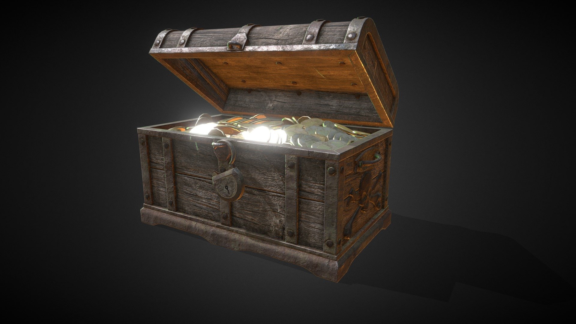 RIGGED Pirate Treasure Chest



All Textures created in Substance Painter and exported in .PNG PBR formats.



Includes textures for rough/met and gloss/spec workflows.



Logically named objects, materials and textures.



Modelled in Blender 2.90.1



Textured in Substance Painter 2020.2.1.



Rendered in Marmoset Toolbag 3.



modelled to real world scales (Metric).



Fully and efficiently UV unwrapped.



Game ready.



Tested in Marmoset Viewer, Marmoset Toolbag, EEVEE and Cycles.



Rigged in Blender 2.9 



Formats included

.Blend (Native, with constrained rigging)

.FBX
.OBJ
.DAE

Objects included


Chest (Collection)
Chest_Rig
Chest (3584 Faces)
Coins (11760 Faces)
Lid (1753 Faces)

Padlock (316 Faces)



Custom Bone Shapes (Collection)



Poly Counts combined


Face count:       17,413
Vert count:       15,424
Edges:        32,273
Triangulated count:   28,543
 - RIGGED Pirate Treasure Chest - Buy Royalty Free 3D model by PBR3D 3d model