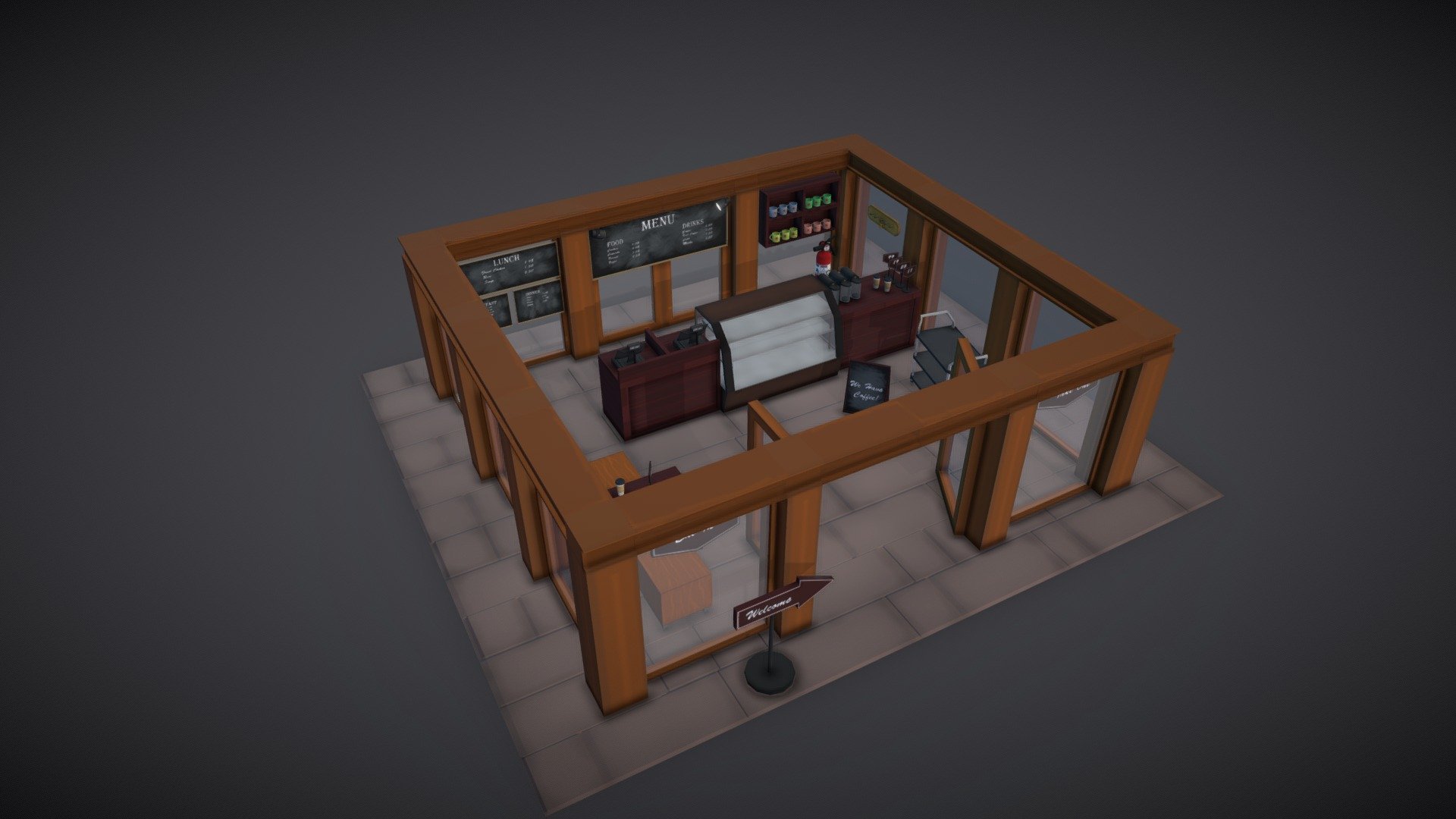 This is a coffee shop made with only using the same assets that I modelled in a school project called Life Of Pigeon. With the contraint of having limited amount of asset I was able to build a model the resembles a coffee shop 3d model