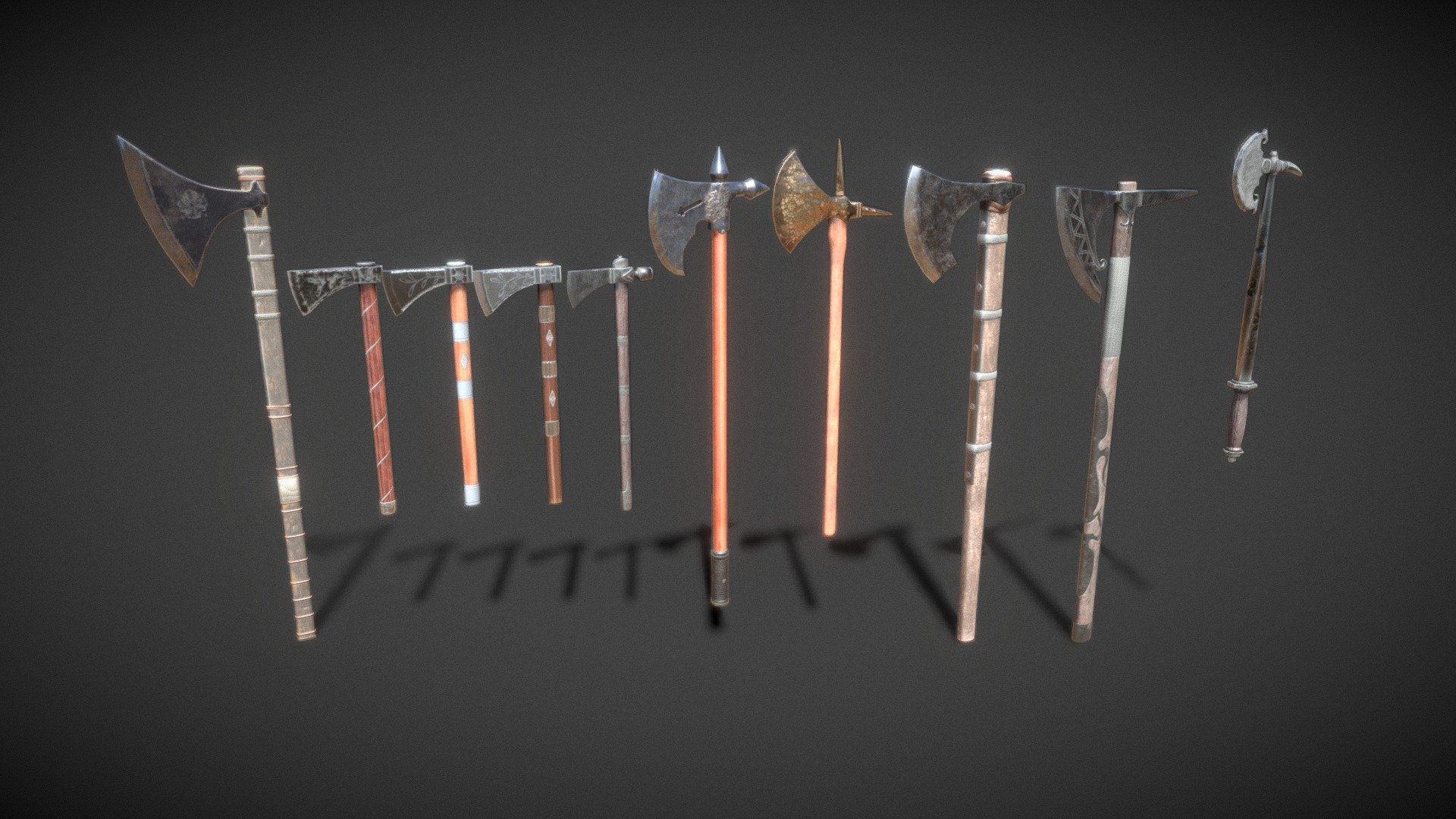 A set of quality Axes. Consists of 10 original items. Each ax has a PBR texture with a resolution of 2048x2048. Total polygons (triangles) 15544, vertices 7828

Ax 01 - 3048

Ax 02 - 628

Ax 03 - 618

Ax 04 - 568

Ax 05 - 1466

Ax 06 - 1434

Ax 07 - 1112

Ax 08 - 1548

Ax 09 - 1658

Ax 10 - 3464

The archive contains additional materials: FBX, OBJ, Blend files. 2k textures - PNG, JPG and PNG (Unity Metallic Smoothness)

Archives with textures contain:

Textures JPG - Albedo, AO, Metalic, Normal, Roughness.

Textures PNG - base color, metalic, normal, roughness

Texturing Unity (Metallic Smoothness) - AlbedoTransparency, MetallicSmoothness, Normal - Medieval Ax Set 02 - 3D model by zilbeerman 3d model