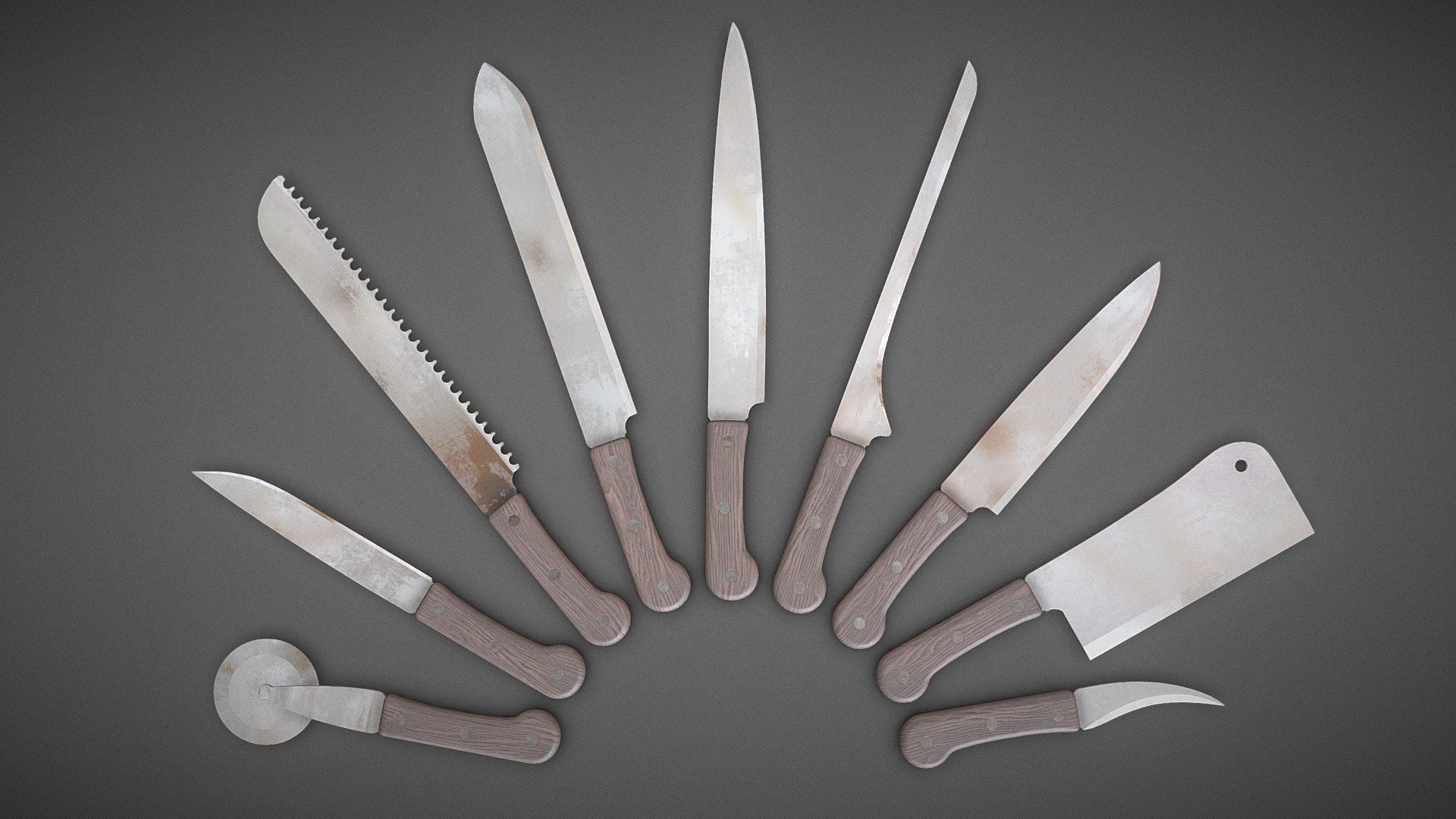 Knifes, modeled in Blender, can be used in architectural house animations, architectural visualization(Arch Viz).

Includes seven different types of knifes:




Pizza cutter

Vegetable cutting knife

Bread cutting knife

Spatula knife

Cook's knife

Fillet knife

Universal knife

Butcher knife

Peel knife




✅ PBR (metalness)

✅ diffuse

✅ roughness

✅ normal

✅ metalness

✅ UV unwrapped

✅ 2K textures (2048x2048)




If you find this 3D model useful, please consider supporting by purchasing my store models,

thank you:)
https://sketchfab.com/Helindu/store - Knife collection - Download Free 3D model by Helindu 3d model