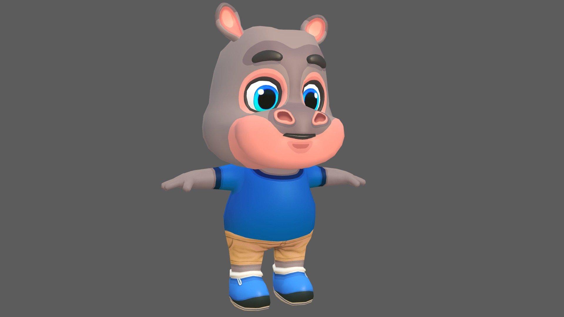 Hippo character for games and animations. The model is game ready and compatible with game engines.

Included Files:




Maya (Source files, Rig) for Unity and Unreal (.ma, .mb) - 2015 - 2020

FBX for Unity - 2014 - 2020

FBX for Unreal - 2014 - 2020

OBJ

Unity Project - Preconfigured Humanoid Rig

Supports Humanoid Animation:




Preconfigured Humanoid Rig &amp; Animation Clips

Unity Humanoid compatible FBX

Mixamo

Low poly model with four texture resolutions 4096x4096, 2048x2048, 1024x1024 &amp; 512x512.

The package includes 20 Animations:




Walk

Run

Idle

Jump

Leap left

Leap right

Death

Skidding

Roll

Crash

Power up

Whirl

Whirl jump

Waving in air

Backwards run

Dizzy

Gum Bubble

Gliding

Waving

Looking behind

The model is fully rigged and can be easily animated or modified if required.

The model is game ready at:




3646 Polys

3643 Verts

UV mapped with non-overlapping UV's. The shadows and lights are baked in the texture 3d model
