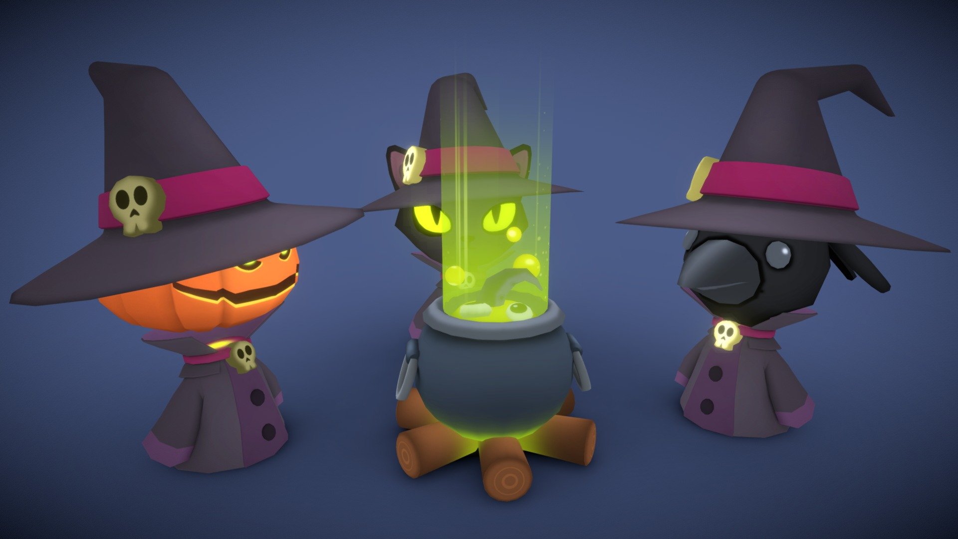 Black cat, Crow and Pumpkin are famous witches in their town. Tonight they'll summon an unknown creature!

Pack includes: OBJ, 3Dsmax 2020, FBX. Diffuse textures PNG and PSD files 3d model