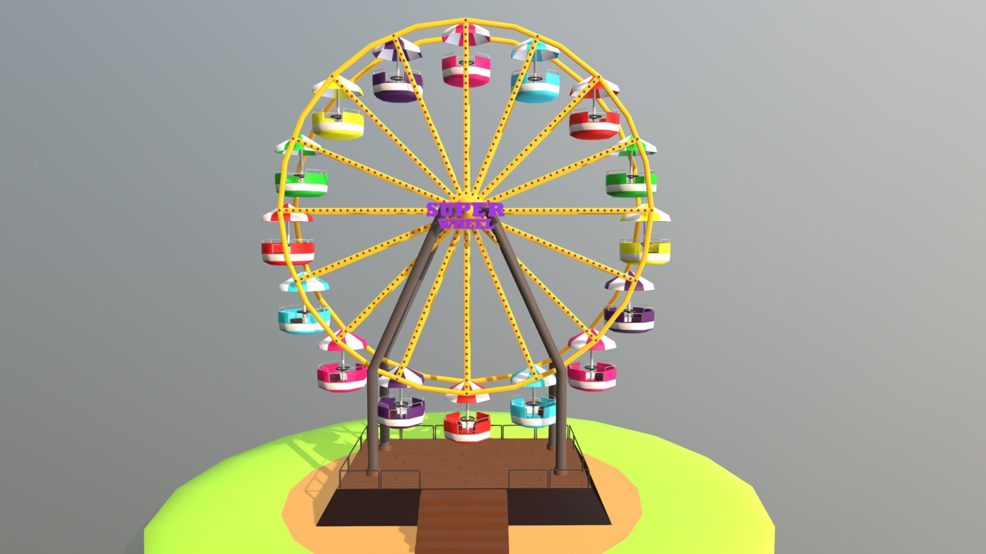 This Ferris wheel is medium/low quality 3D model. That will enhance detail to any of your rendering projects. . The model has a fully textured and detailed design that allows for close-up renders, and was originally modeled,texturized in Autodesk Maya 2018 and rendered with Arnold. The model have Uvs done and it contains all the textures. It very cute model it has colourful cabins(red,blue, yellow purple, green and pink).

This model can be used for any type of work as: low poly or high poly project, videogame, render, video, animation, film…This is perfect to use like a part of a amusement park scene or for a postcard image with other decoration such as the carousel that you could see in my profile too…

This contains a .mb maya file, .obj , .fbx. and .zip with all the textures.

I hope you like it, if you have any doubt or any question about it contact me without any problem! I will help you as soon as possible, if you like it I will aprecciate if you could give your personal review! Thanks - Ferris Wheel - Buy Royalty Free 3D model by Ainaritxu14 3d model