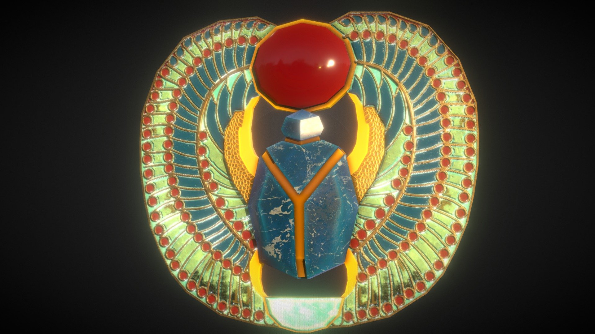 low-poly ancient egyptian jewelry for game and other uses. Pectoral Scarab of King.

The Scarab Pectoral was found in Tutankhamun's tomb along with hundreds of other pieces of jewellery. He probably wore it during his lifetime, hung from a gold chain around his neck. It shows a scarab beetle with a sun on top and a bowl on the bottom, and a pair of bird's wings 3d model