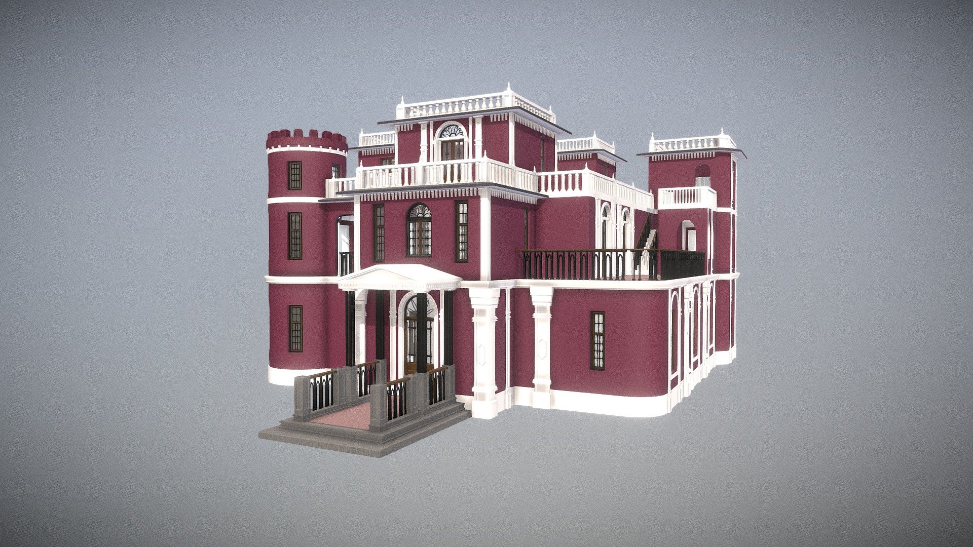 This model, made in Blender, Contains several textures applied to it, but it doesn't have a UV unwrapping appropriately, also about its materials are a little disorganized and it doesn't have any image or baking textures applied to it.

This model is a house or mansion kind of castle, also have a simple interior desing 3d model