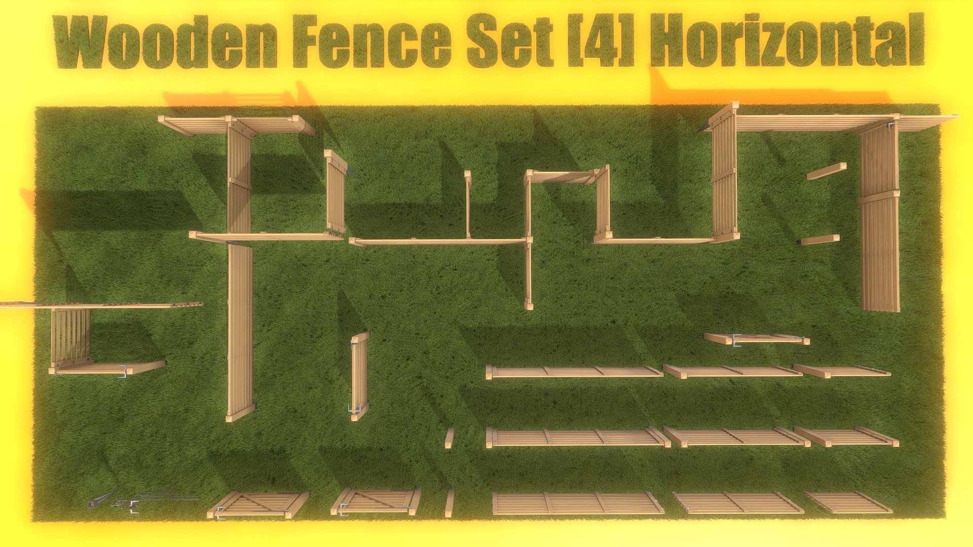 An overview for the modular wooden fence set 4 (larch with horizontal battens) with animated door elements 3d model
